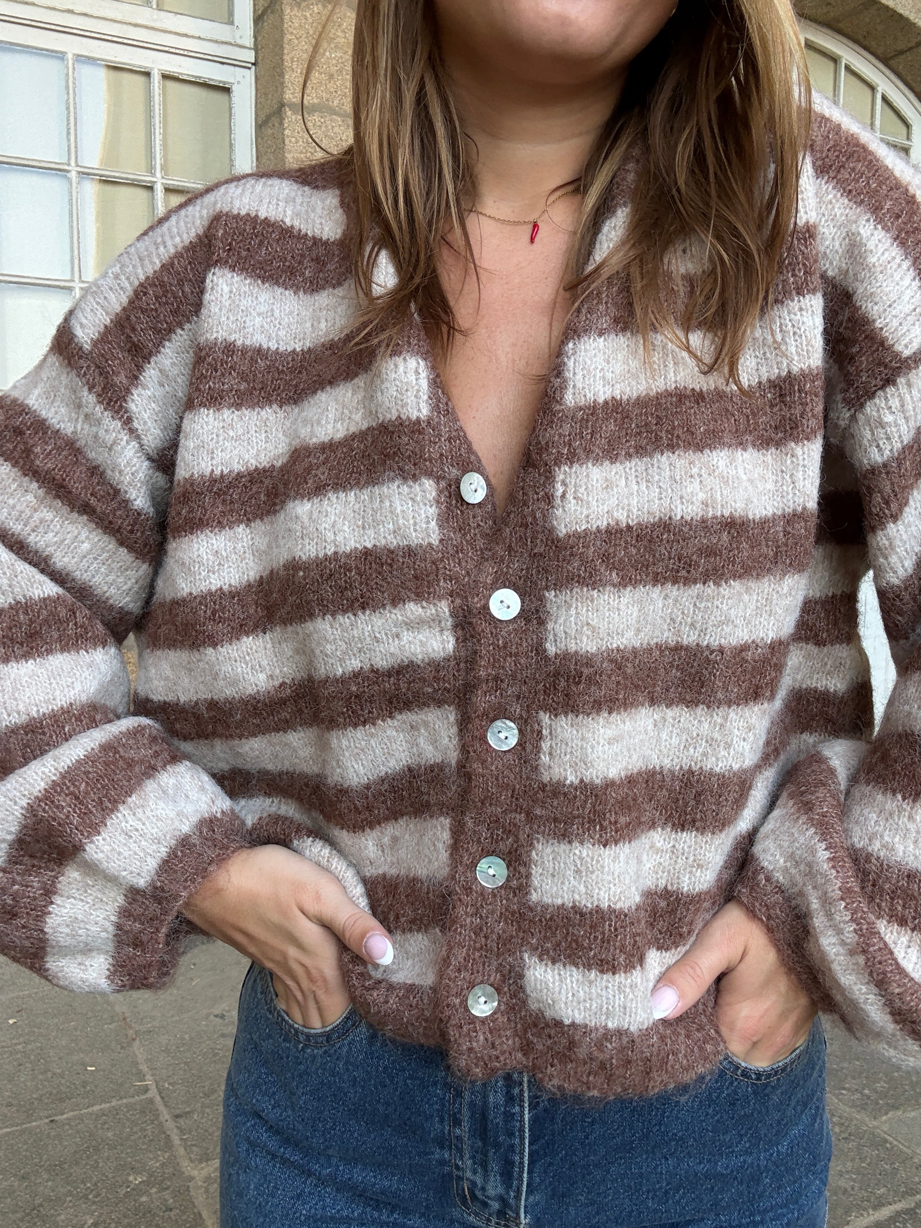 Véra Camel And Beige Striped Cardigan