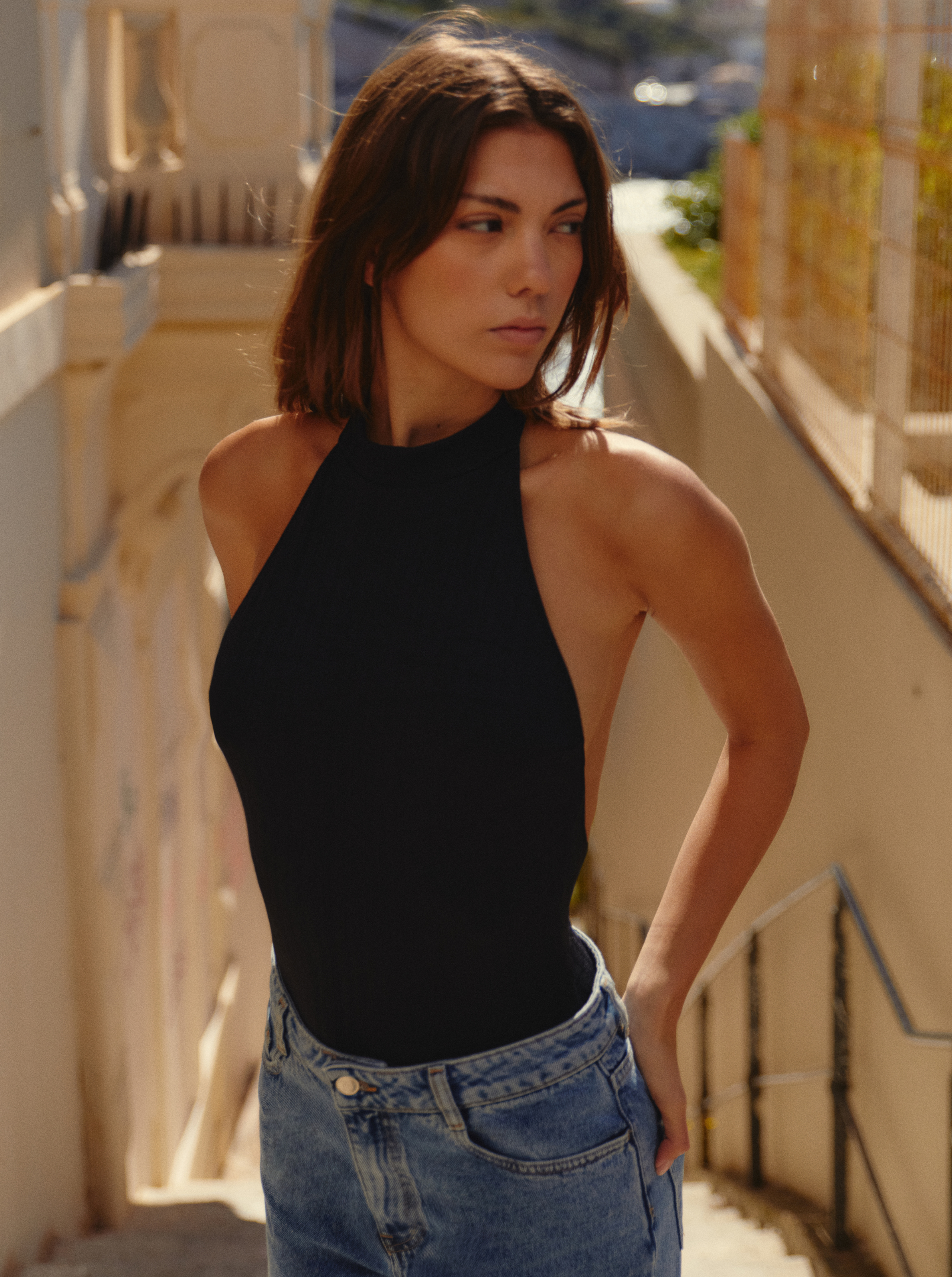 Black Rib Open Back Bodysuit black