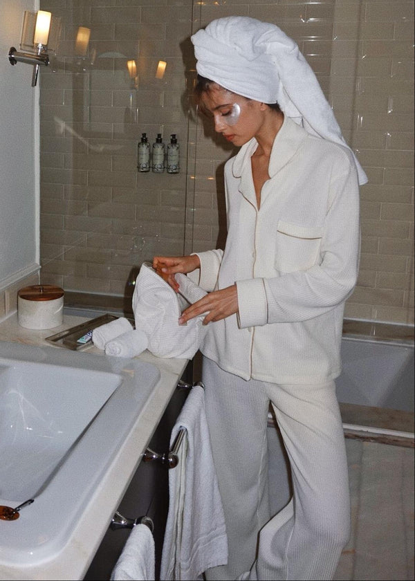 Ensemble De Pyjama Waffle Loungewear - Button Down