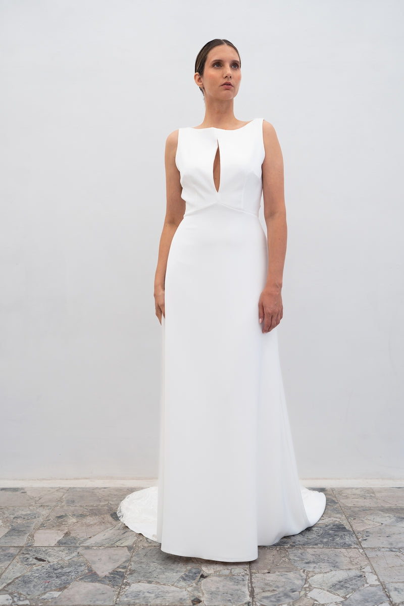 Vestido de novia de ópalo con cinturón pequeño - Blanco seda