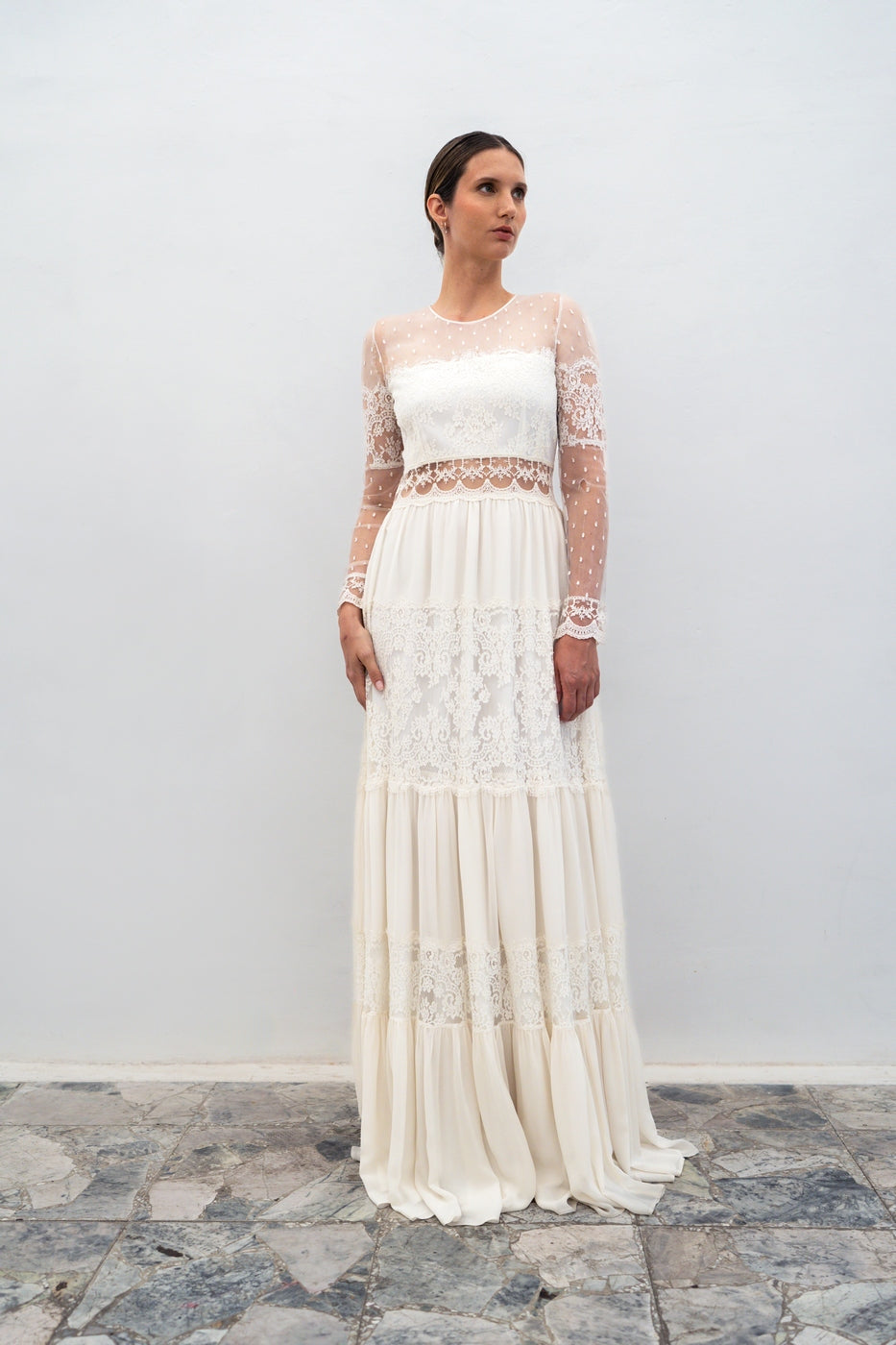 Abito Da Sposa Folk Con Volant - Bianco Seta