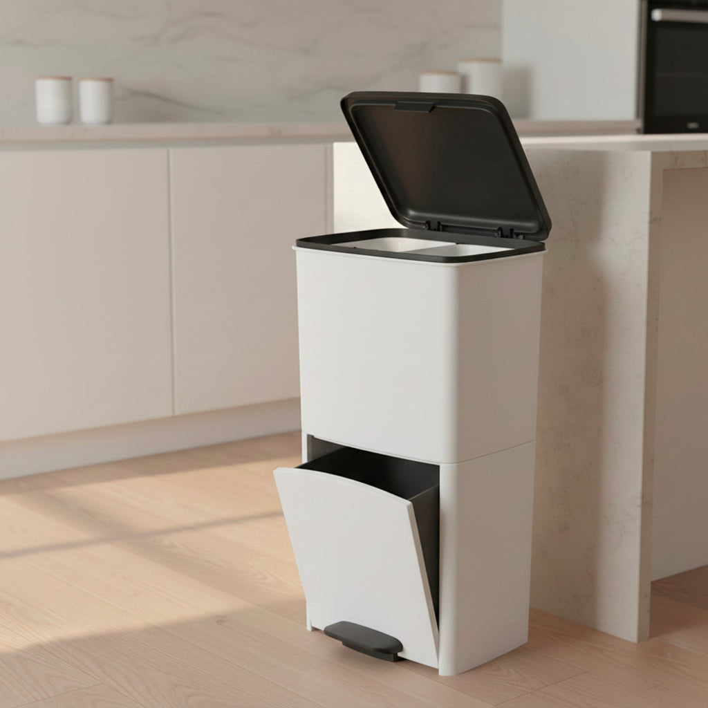 Poubelle De Tri Pédale Picea - 70L - 3Bacs - Blanc