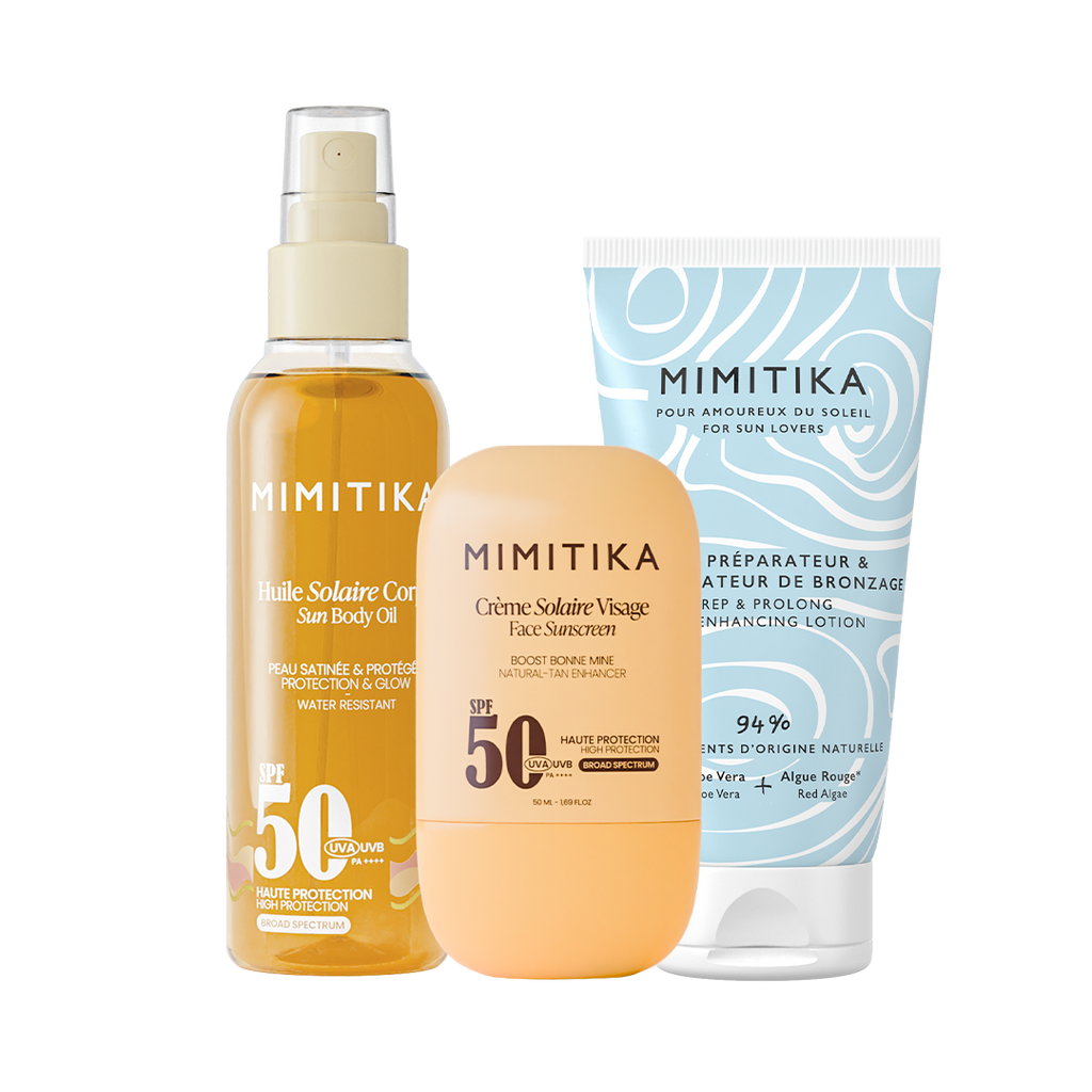 TRIO crème visage SPF50 + Huile solaire SPF50 + Lait Prolongateur de Bronzage