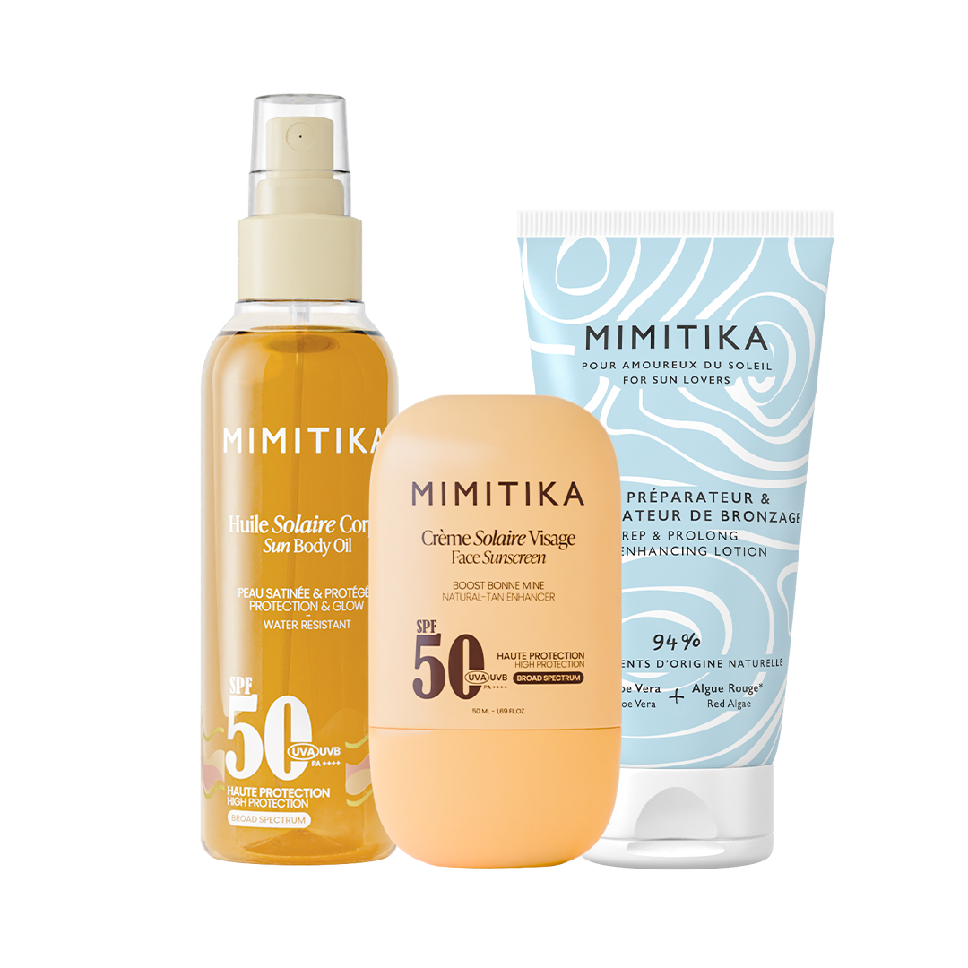 TRIO crème visage SPF50 + Huile solaire SPF50 + Lait Prolongateur de Bronzage