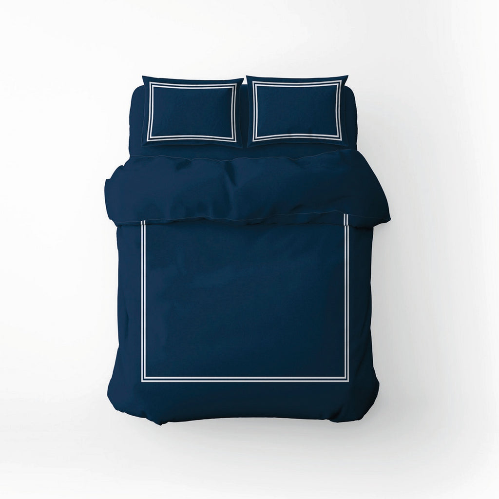 Annecy - Housse De Couette + Taie D'Oreiller - Satin De Coton - Blanc / Bleu Foncé