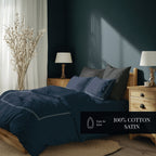 Annecy - Housse De Couette + Taie D'Oreiller - Satin De Coton - Blanc / Bleu Foncé