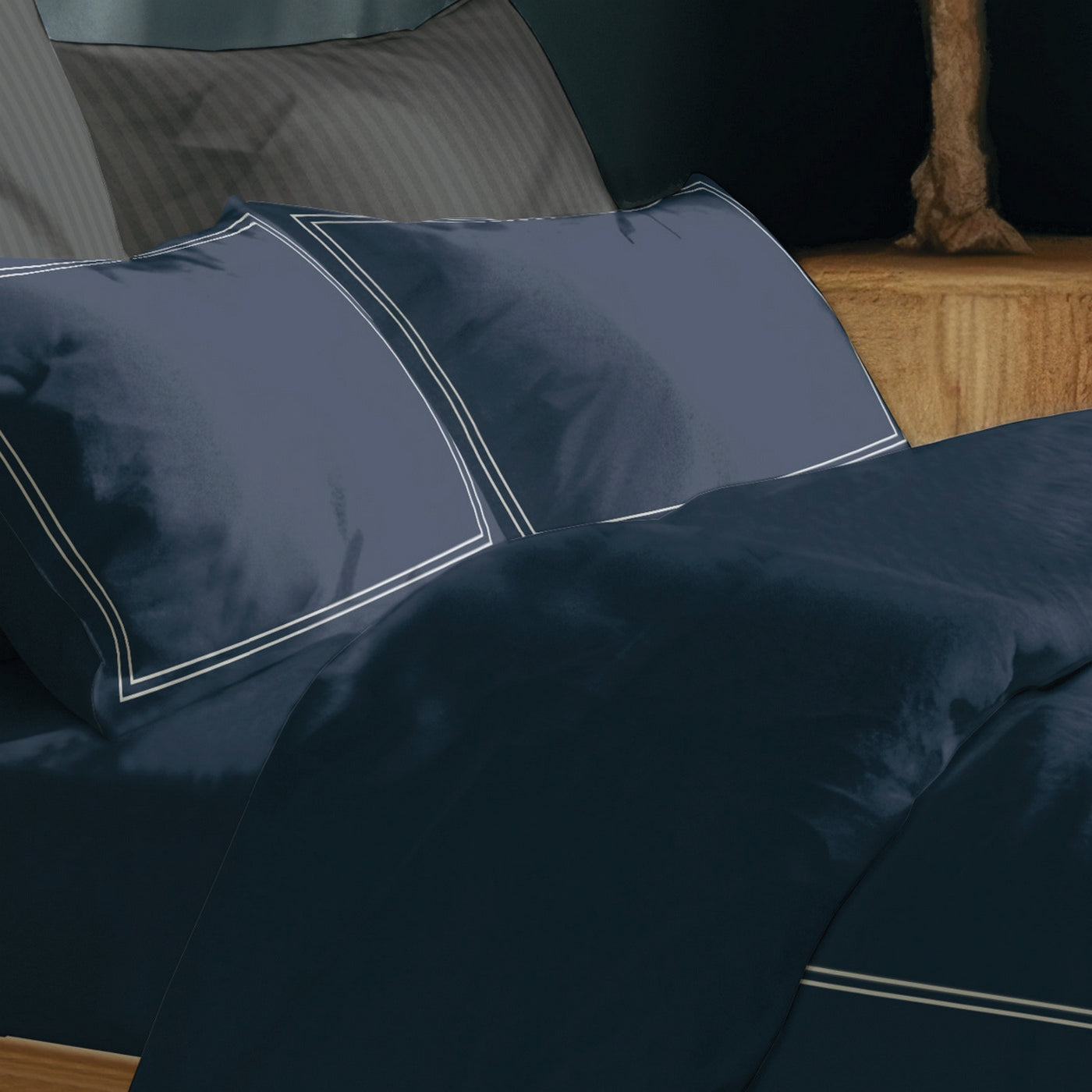 Annecy - Bed Linen Set - Cotton Sateen - White / Dark Blue