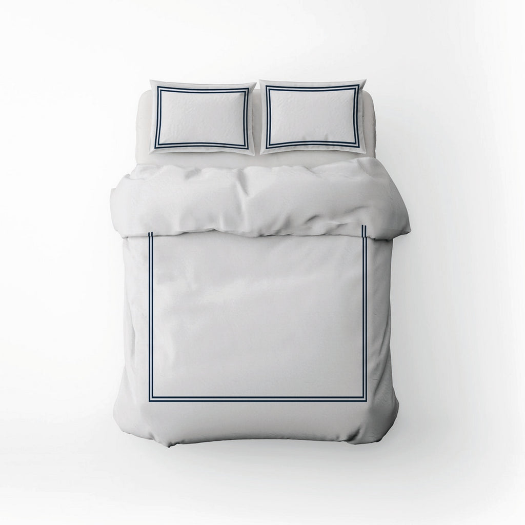 Annecy - Housse De Couette + Taie D'Oreiller - Satin De Coton - Bleu Foncé / Blanc