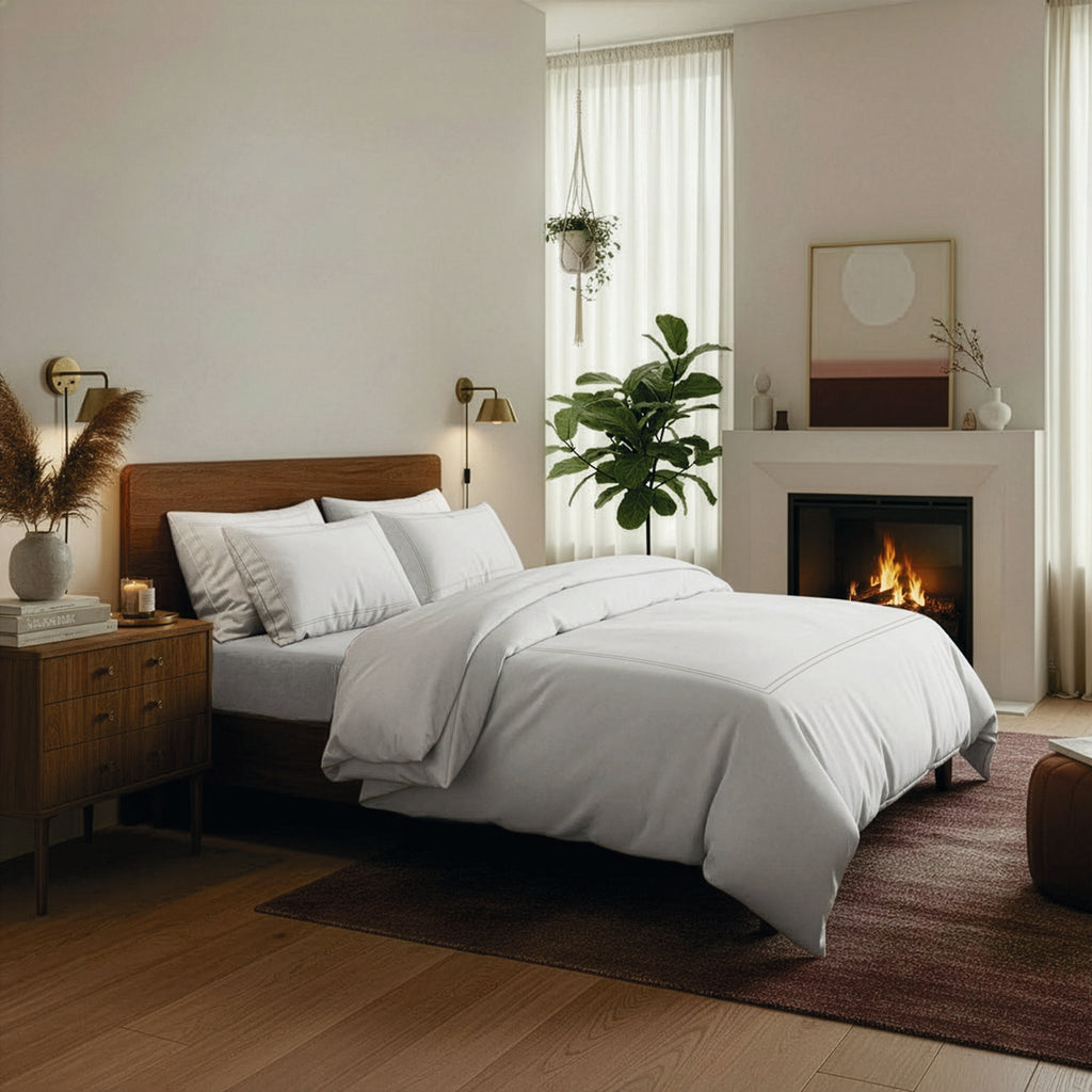 Annecy - Housse De Couette + Taie D'Oreiller - Satin De Coton - Taupe / Blanc