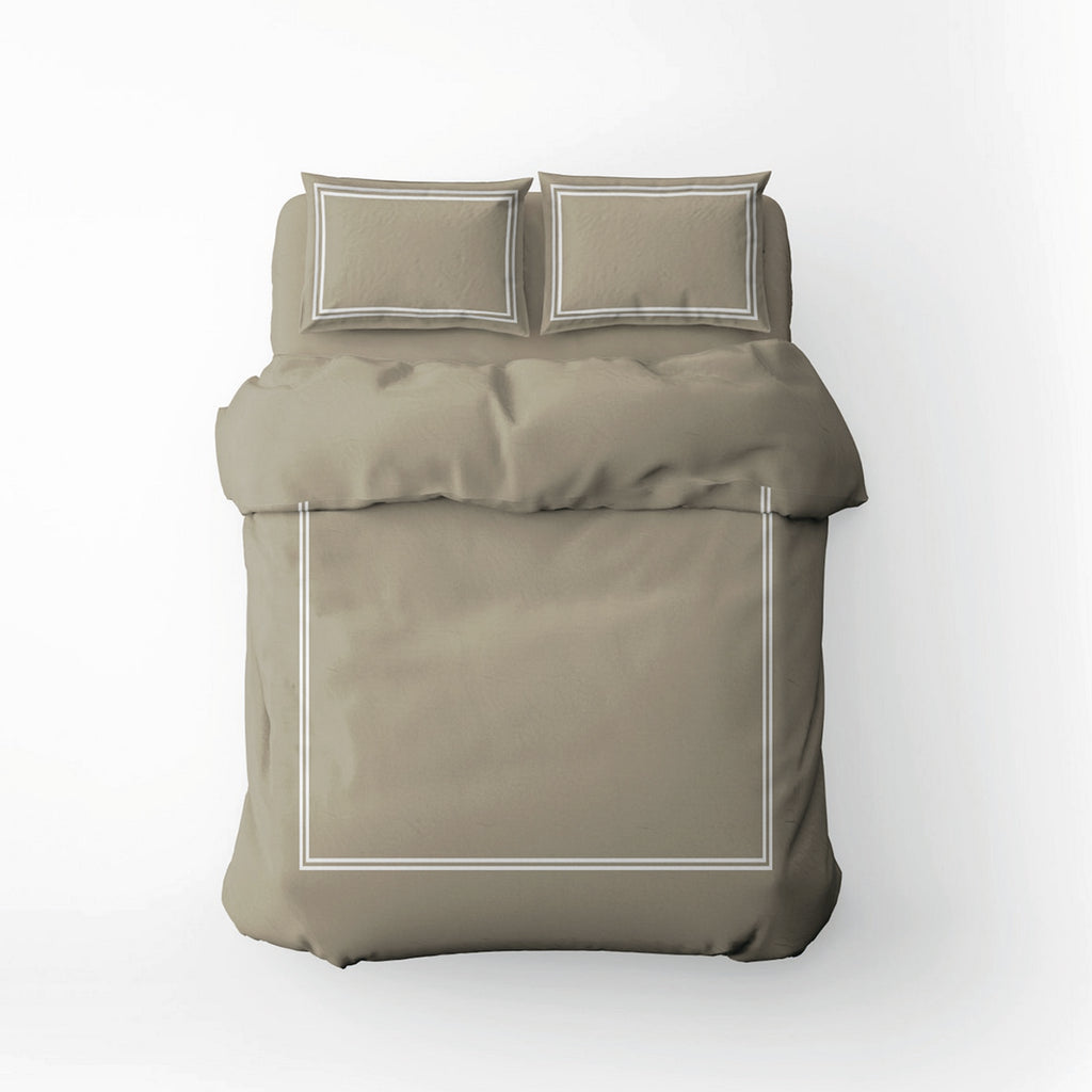 Annecy - Housse De Couette + Taie D'Oreiller - Satin De Coton - Blanc / Taupe