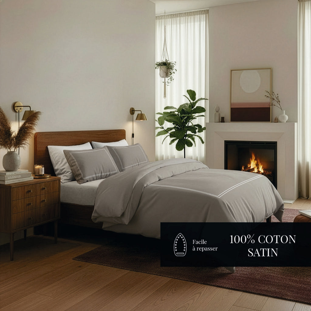 Annecy - Housse De Couette + Taie D'Oreiller - Satin De Coton - Blanc / Taupe