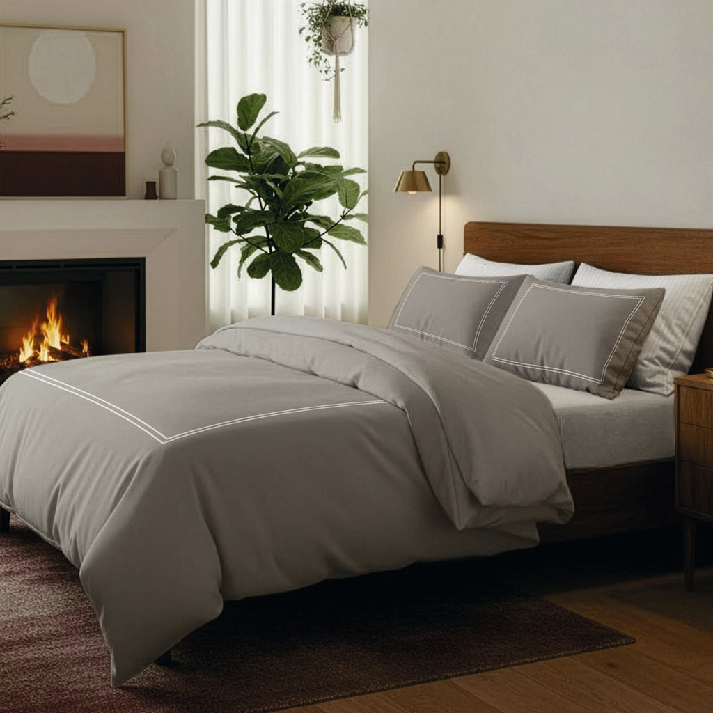 Annecy - Ensemble De Draps - Satin De Coton - Blanc / Taupe