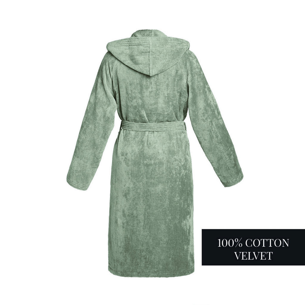 Uni - Cotton Velvet Bathrobe With Hood - Sage Green