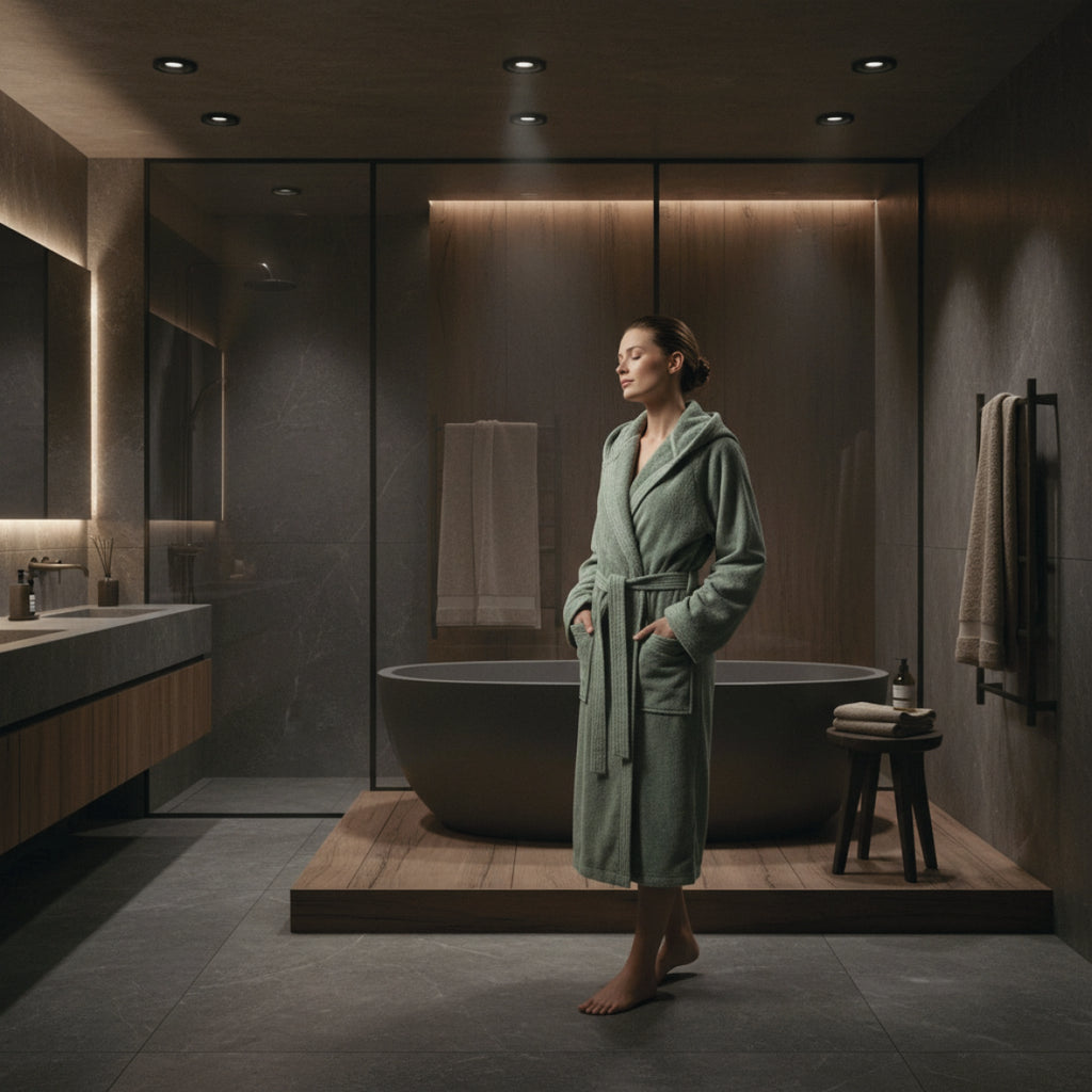 Uni - Cotton Velvet Bathrobe With Hood - Sage Green