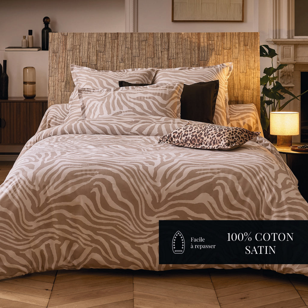 Evasion Zébrée - Housse De Couette + Taie D'Oreiller - Satin De Coton - Taupe