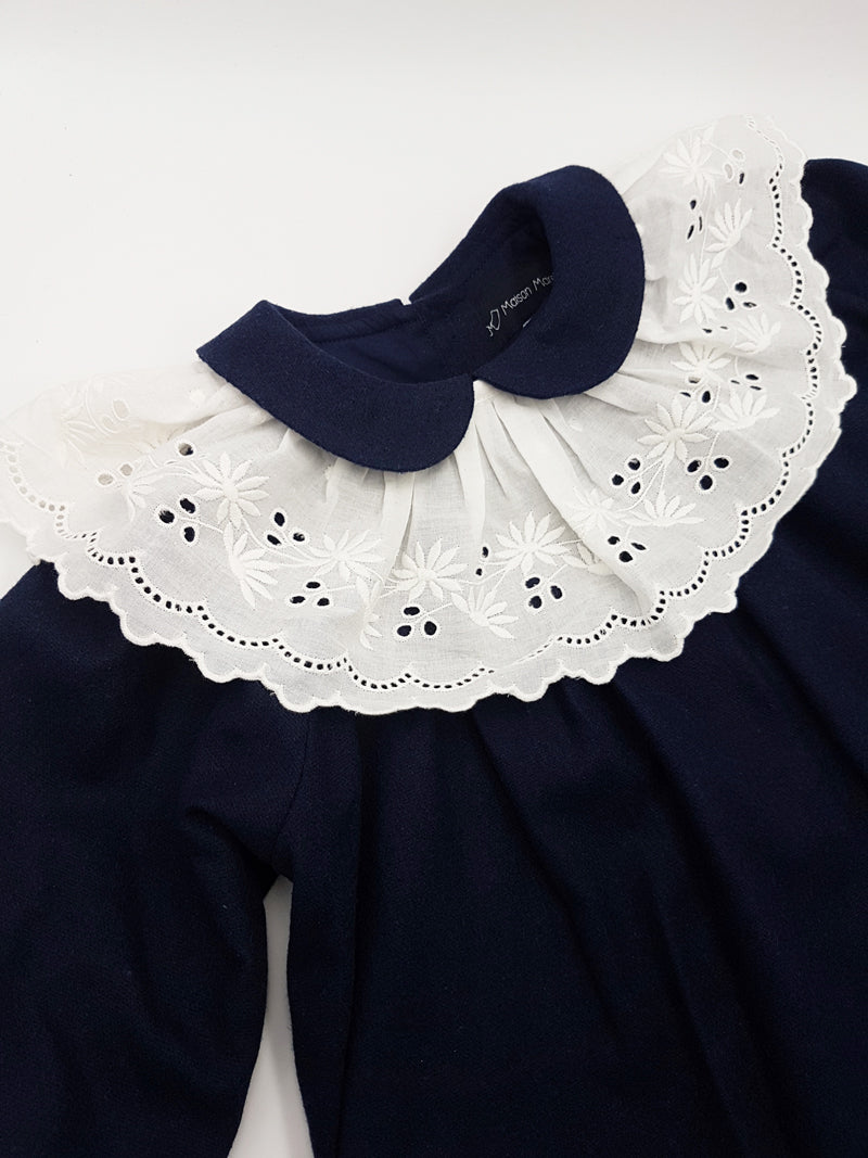 Robe Dauphine En Lainage Col Amovible Broderie Anglaise - Bleu