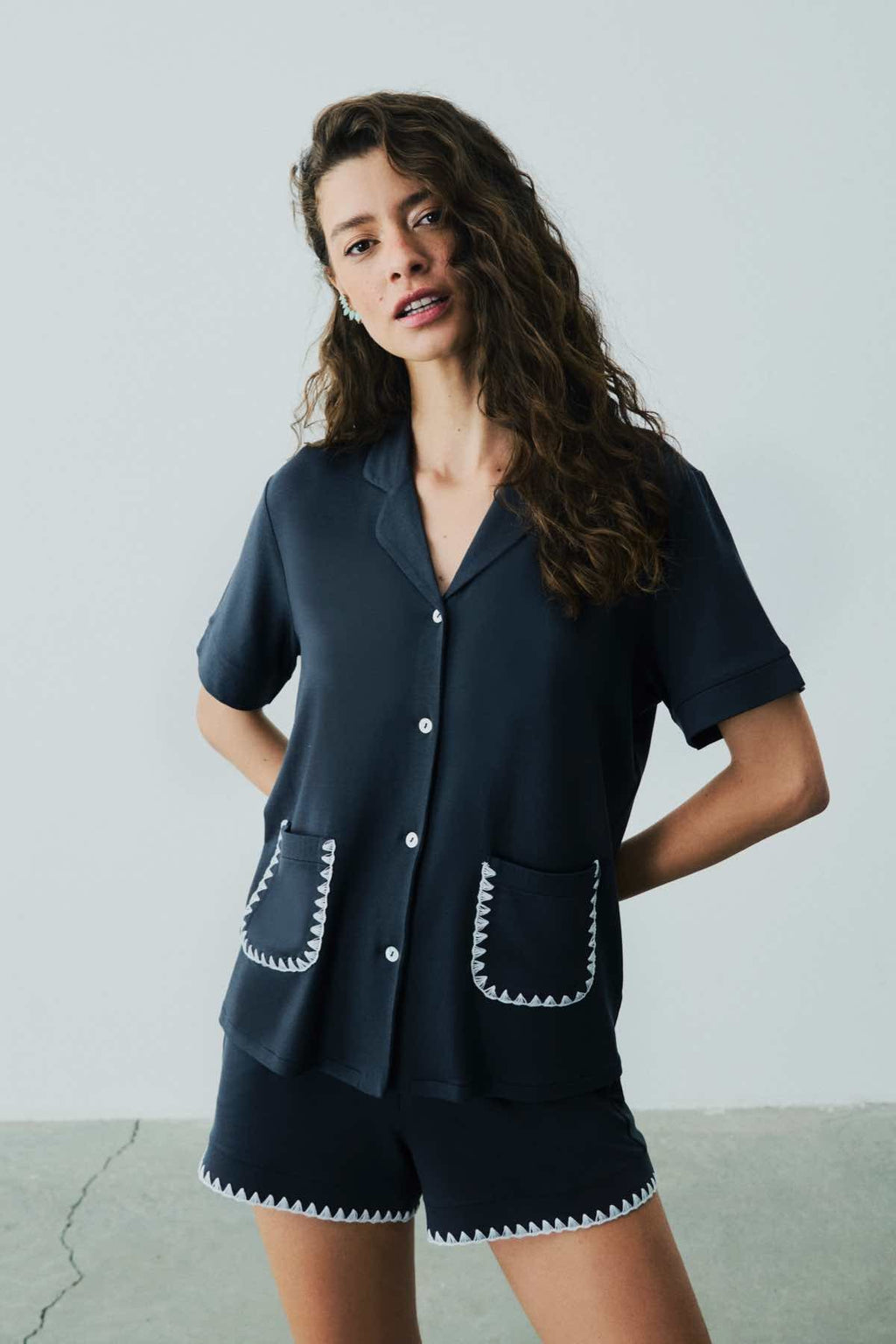 Ensemble De Pyjama Court Détaillé En Point De Viscose Talia - Bleu