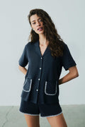 Ensemble De Pyjama Court Détaillé En Point De Viscose Talia - Bleu