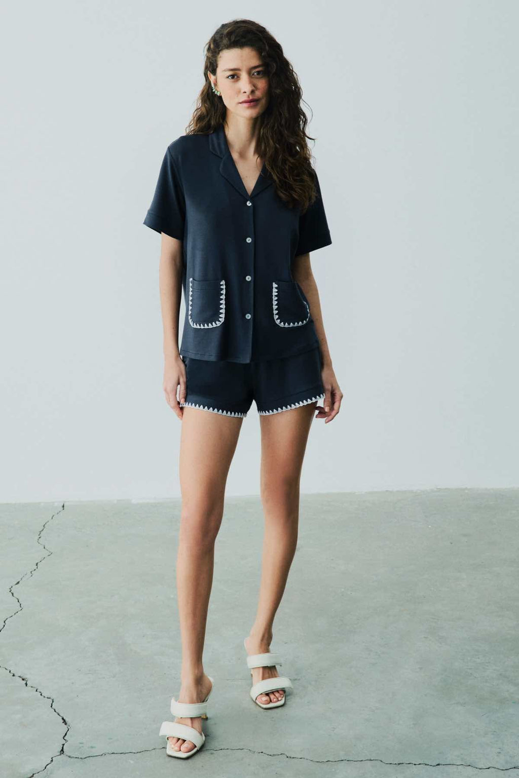 Ensemble De Pyjama Court Détaillé En Point De Viscose Talia - Bleu
