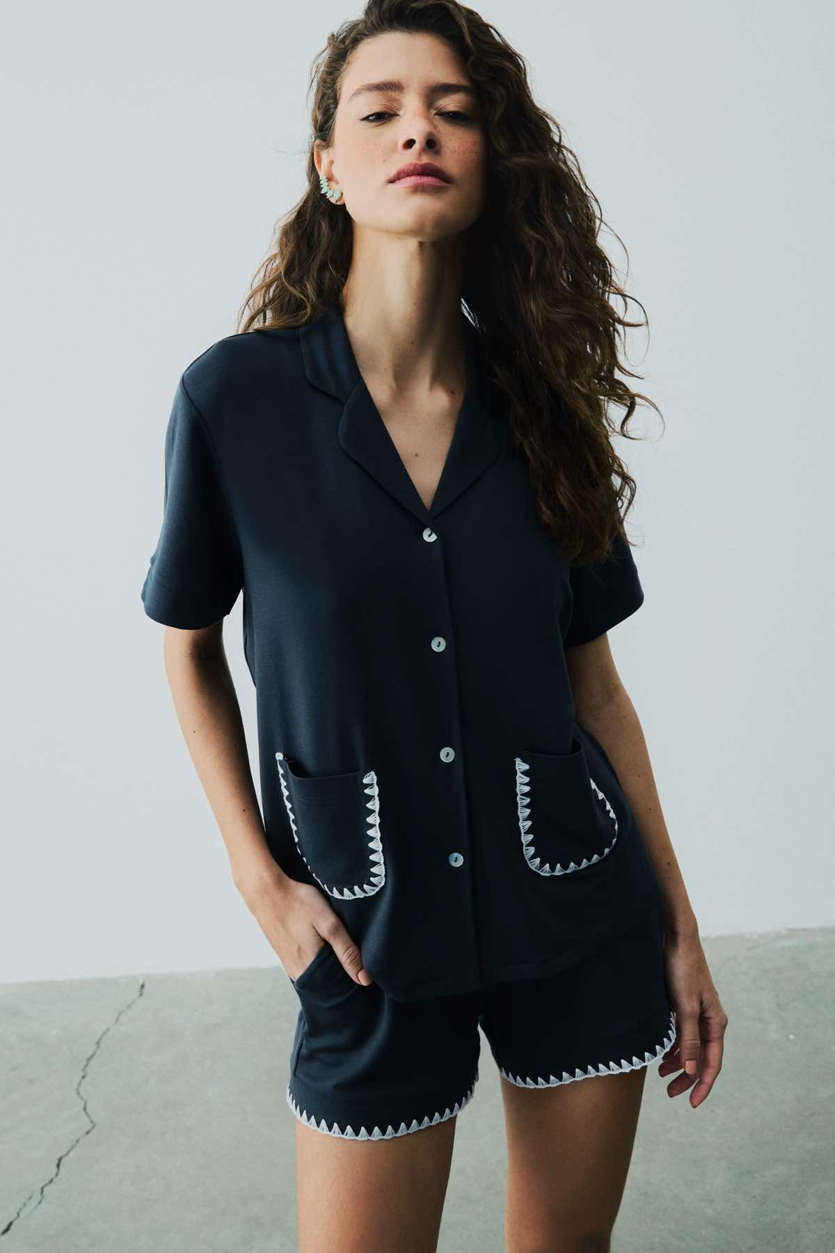 Ensemble De Pyjama Court Détaillé En Point De Viscose Talia - Bleu