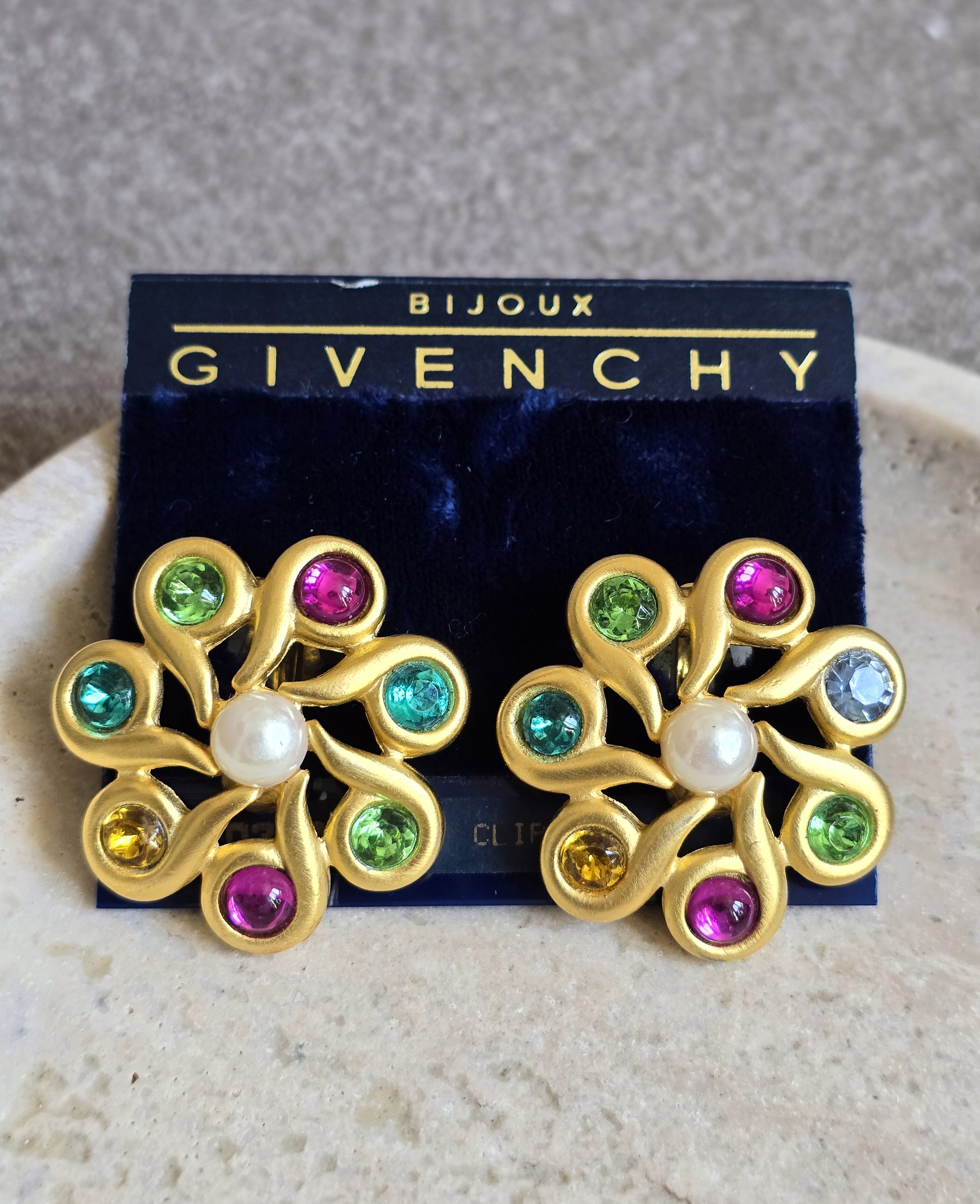 Vintage Givenchy Gold-Tone Floral Clip-On Earrings With Multicolour Crystals