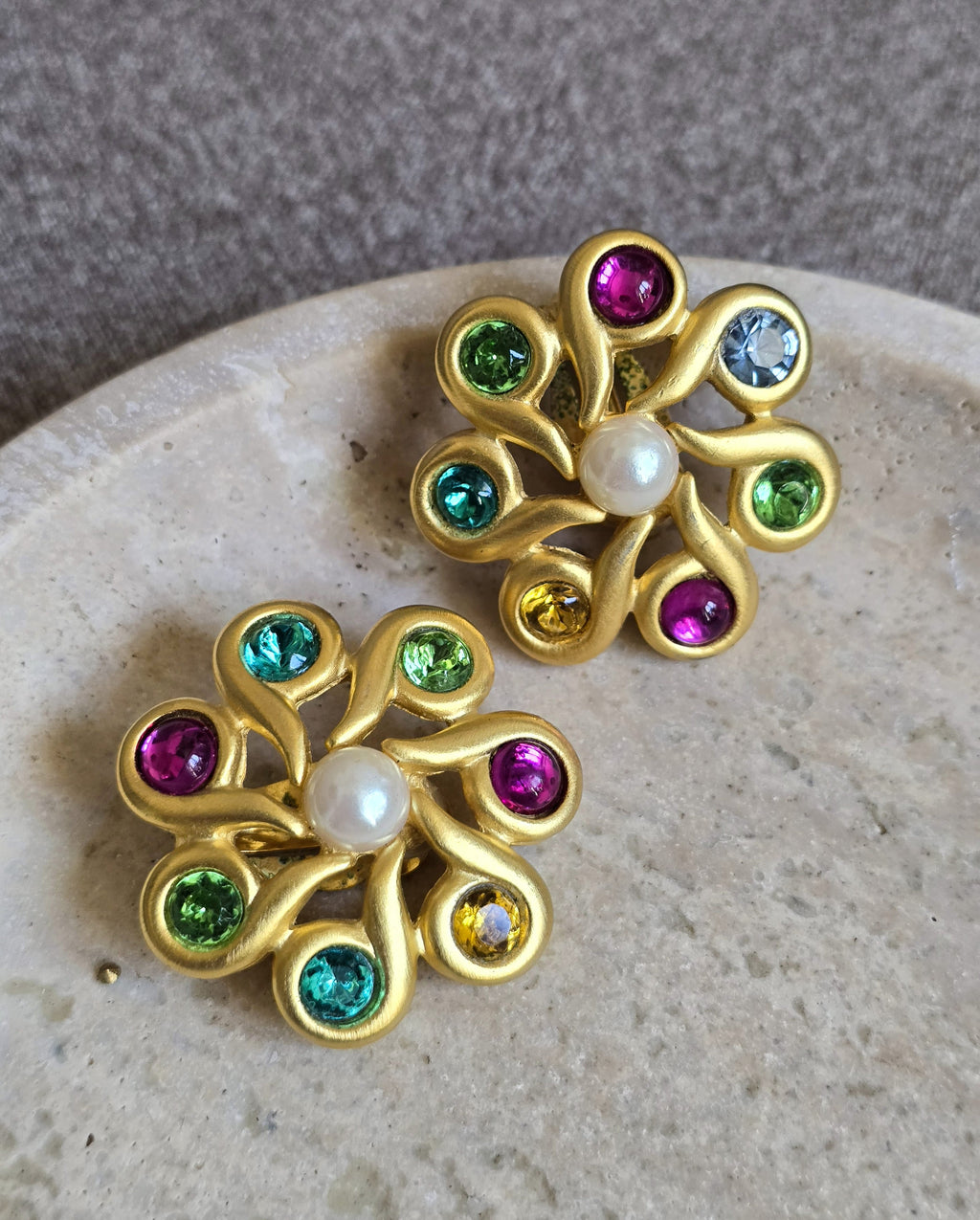 Vintage Givenchy Gold-Tone Floral Clip-On Earrings With Multicolour Crystals