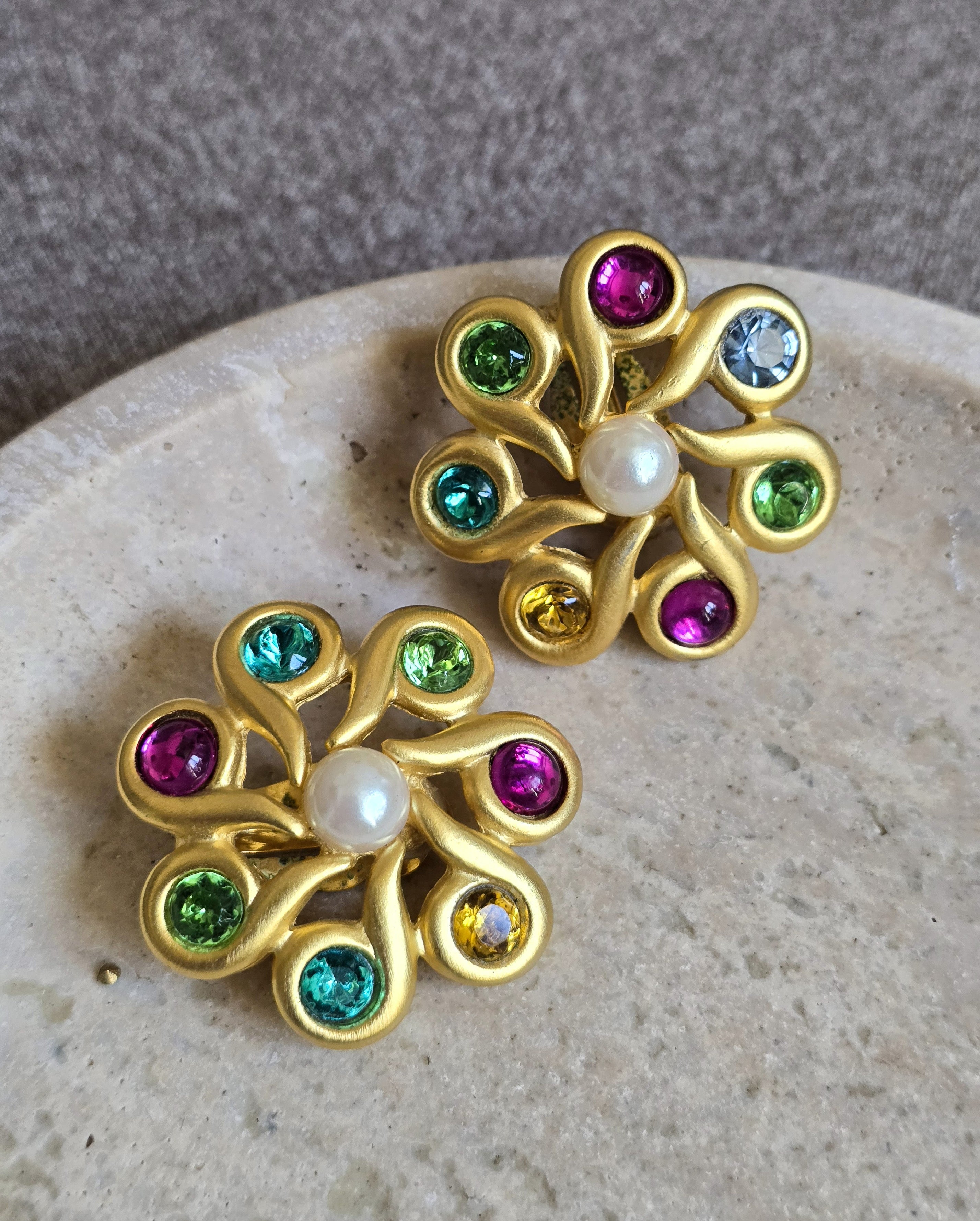 Vintage Givenchy Gold-Tone Floral Clip-On Earrings With Multicolour Crystals