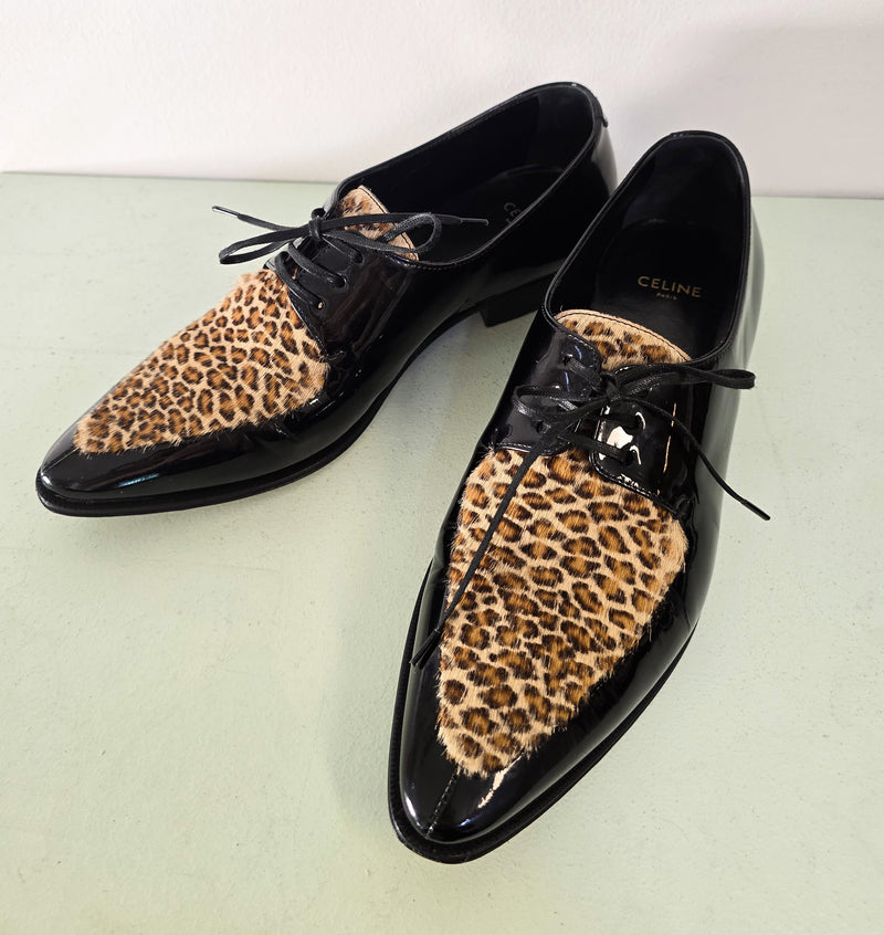 Céline Derbies Bout Pointu Vernis Noir & Léopard, Hedi Slimane Ss20