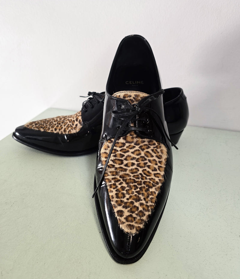 Céline Derbies Bout Pointu Vernis Noir & Léopard, Hedi Slimane Ss20