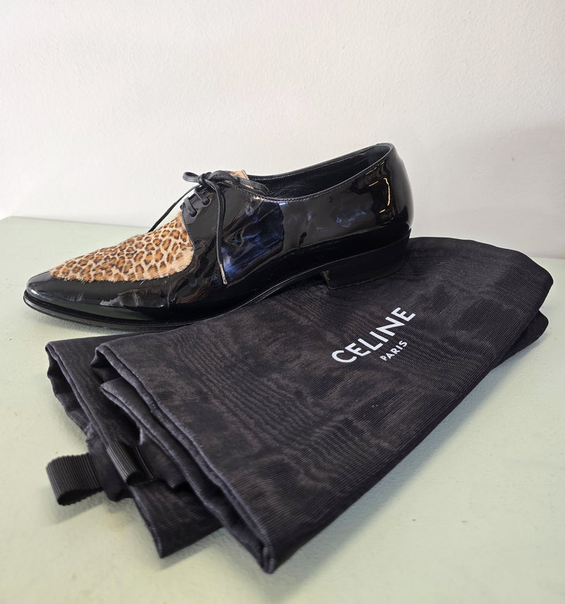 Céline Derbies Bout Pointu Vernis Noir & Léopard, Hedi Slimane Ss20