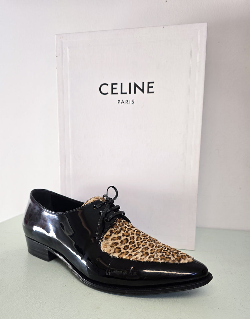 Céline Derbies Bout Pointu Vernis Noir & Léopard, Hedi Slimane Ss20