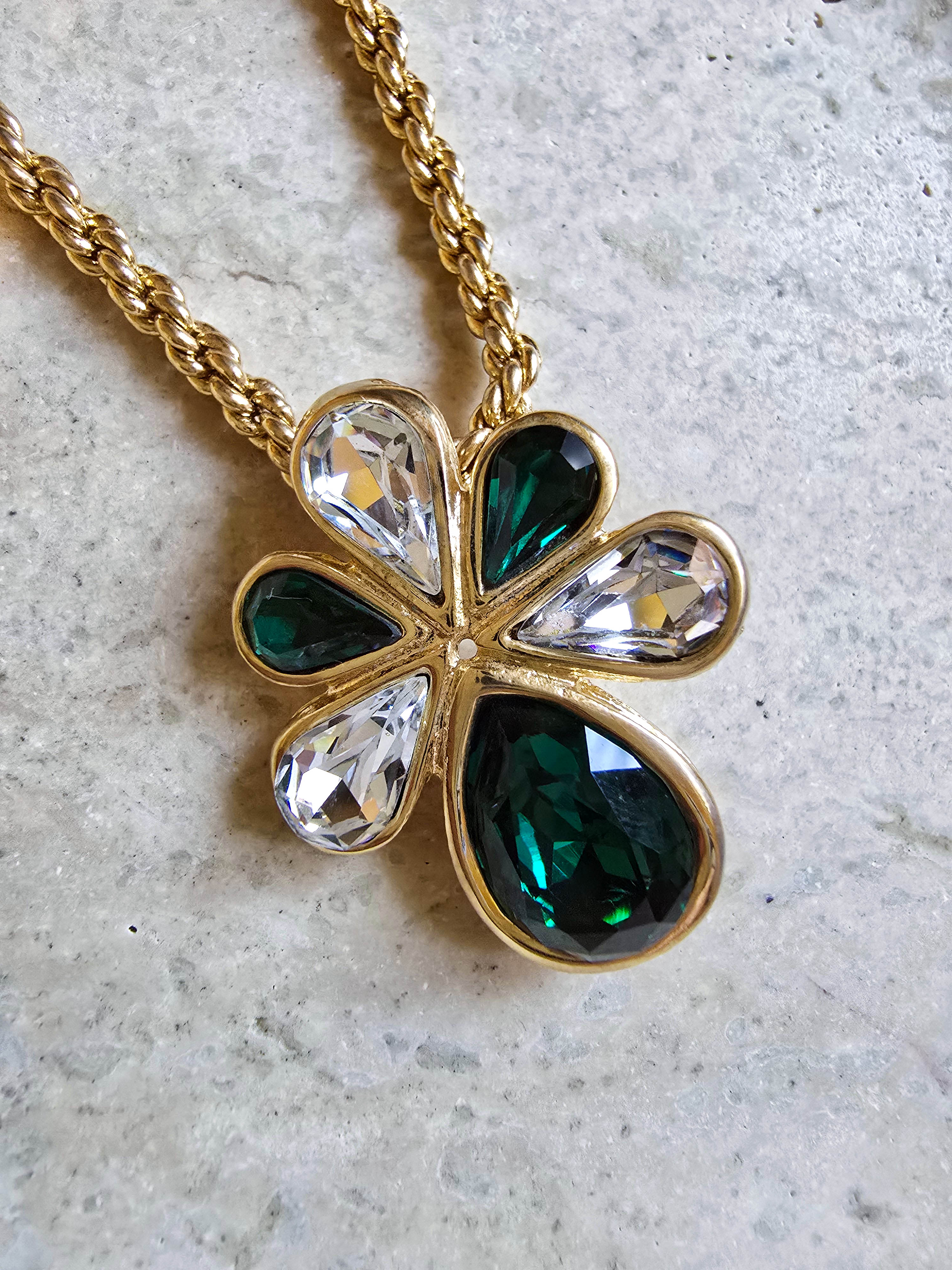 Vintage Yves Saint Laurent Emerald Rhinestone Flower Necklace