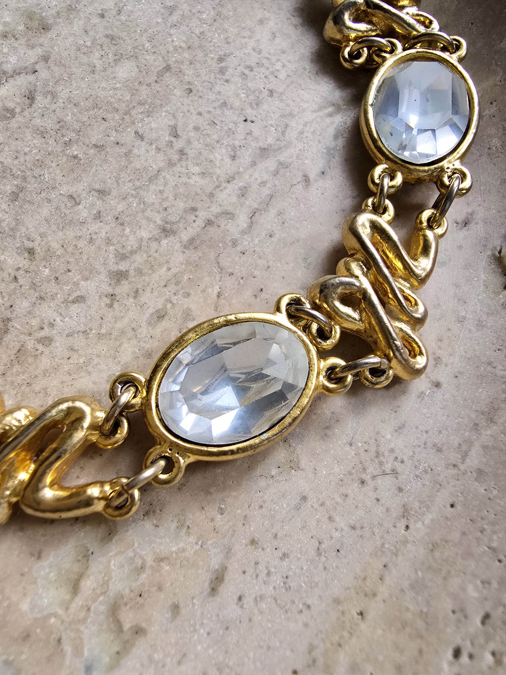 Vintage Sonia Rykiel Gold-Plated Necklace - Interlocking Links and Clear Oval Rhinestones