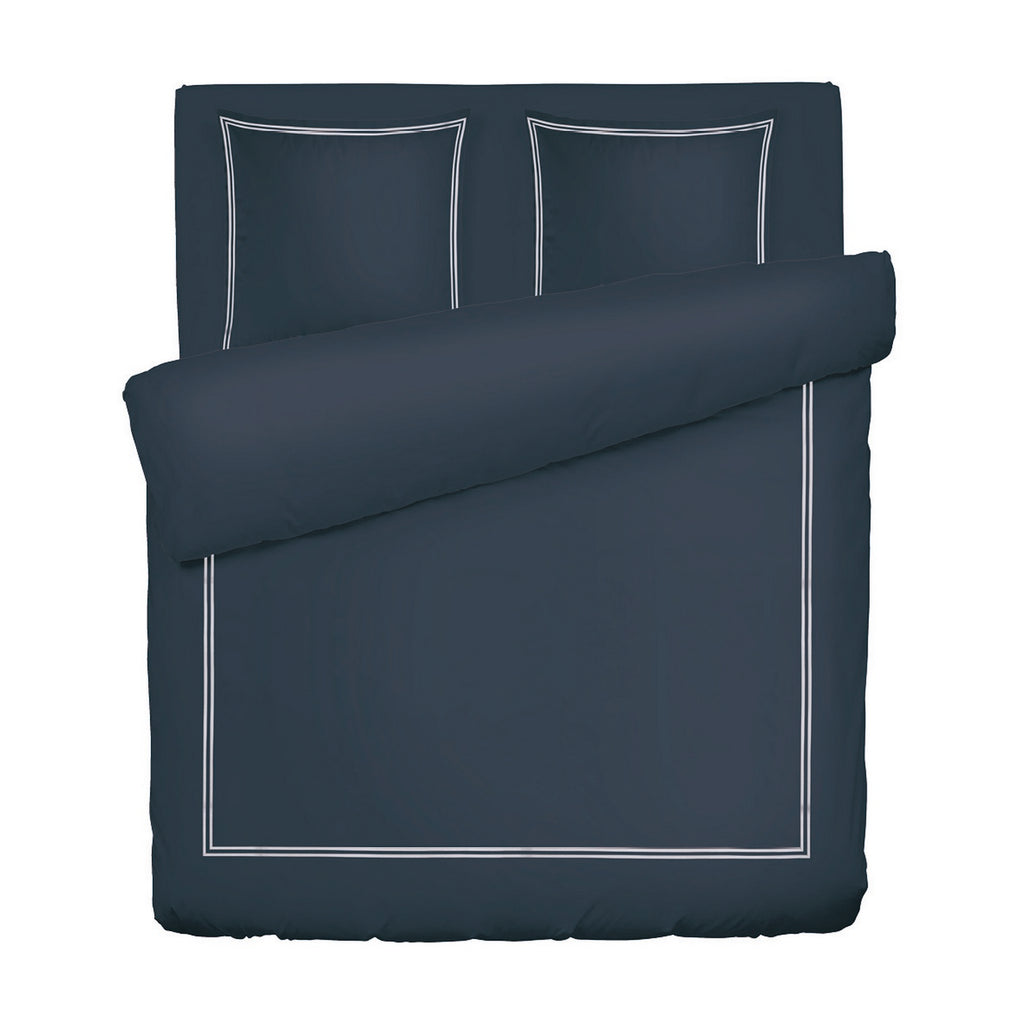 Biarritz - Housse De Couette + 1 Ou 2 Taie(S) D'Oreiller - Satin De Coton - Blanc / Bleu Fonce