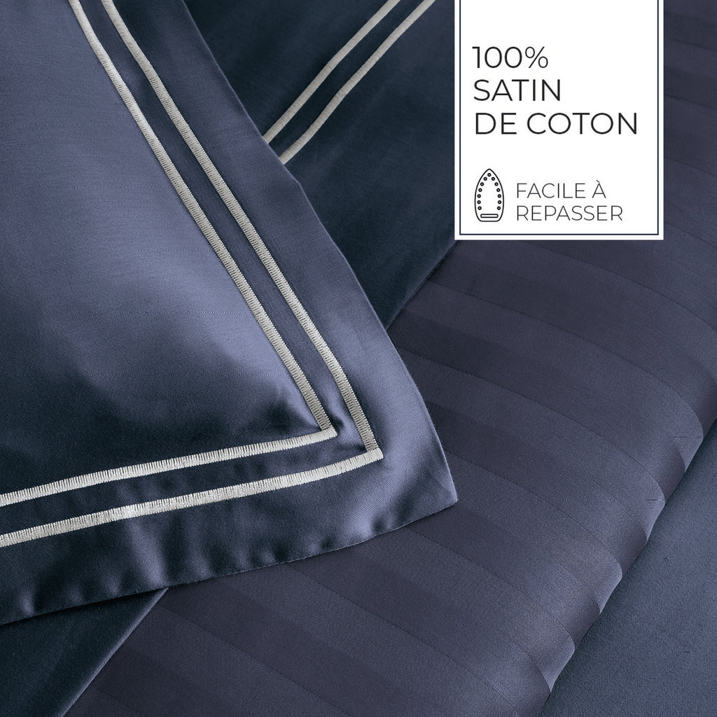 Biarritz - Set De 2 Taies D'Oreiller - Satin De Coton - Blanc / Bleu Fonce