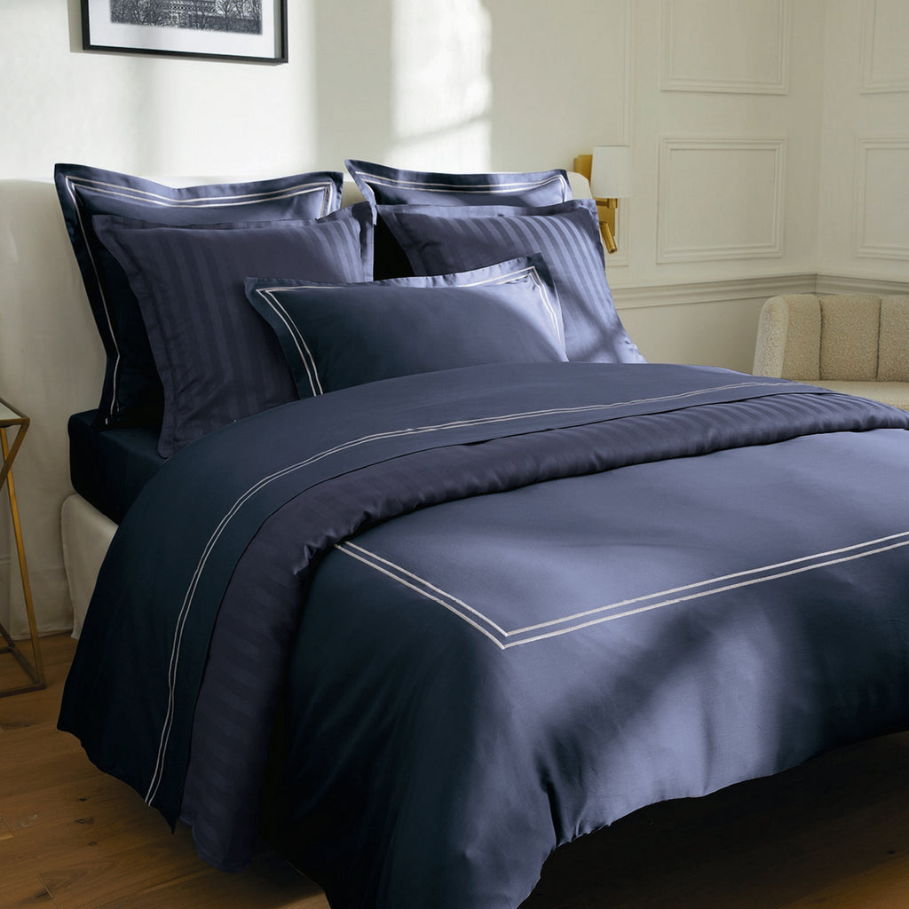 Biarritz - Drap Plat - Satin De Coton - Blanc / Bleu Fonce