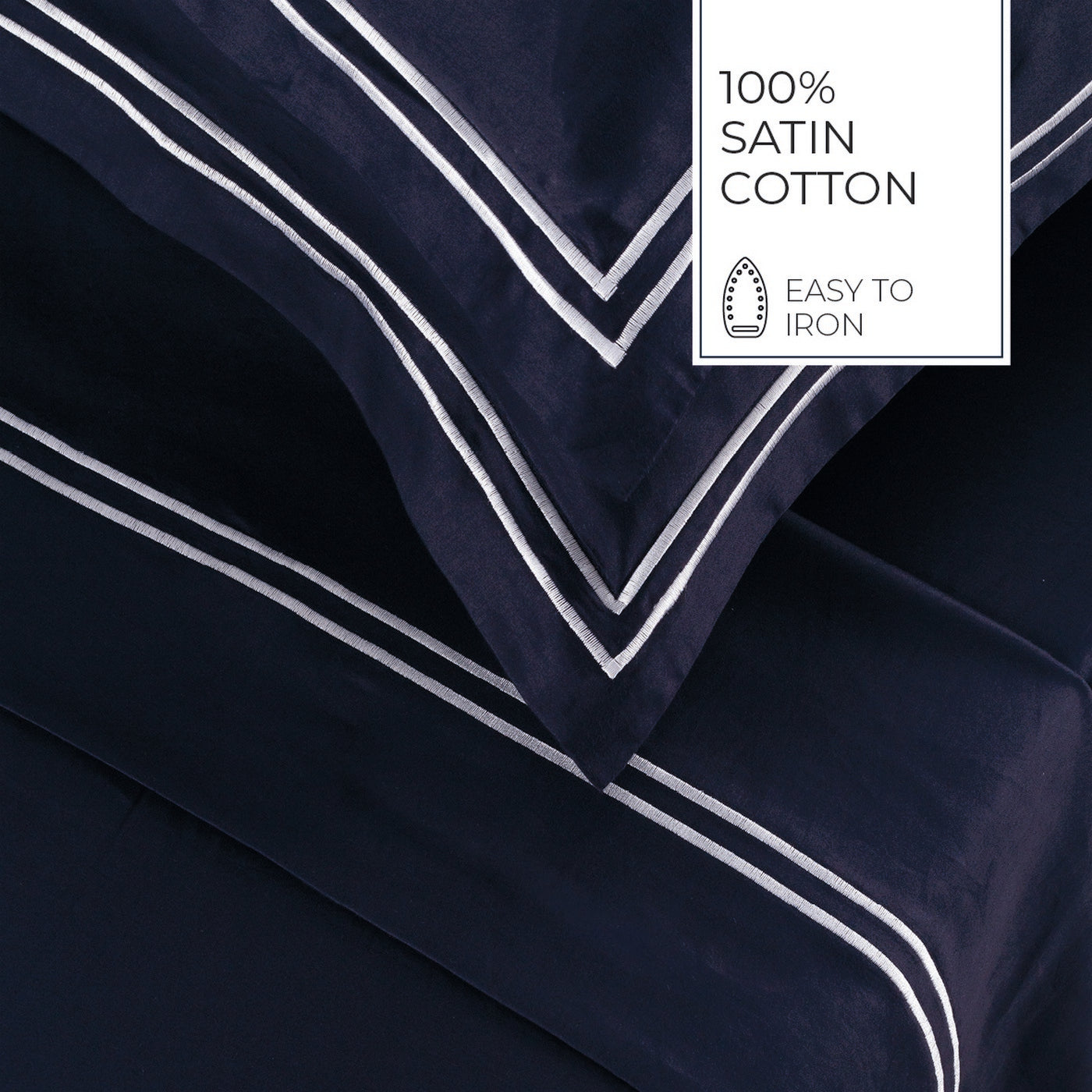 Biarritz - Ensemble De Draps - Satin De Coton - Blanc / Bleu Fonce