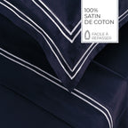 Biarritz - Ensemble De Draps - Satin De Coton - Blanc / Bleu Fonce