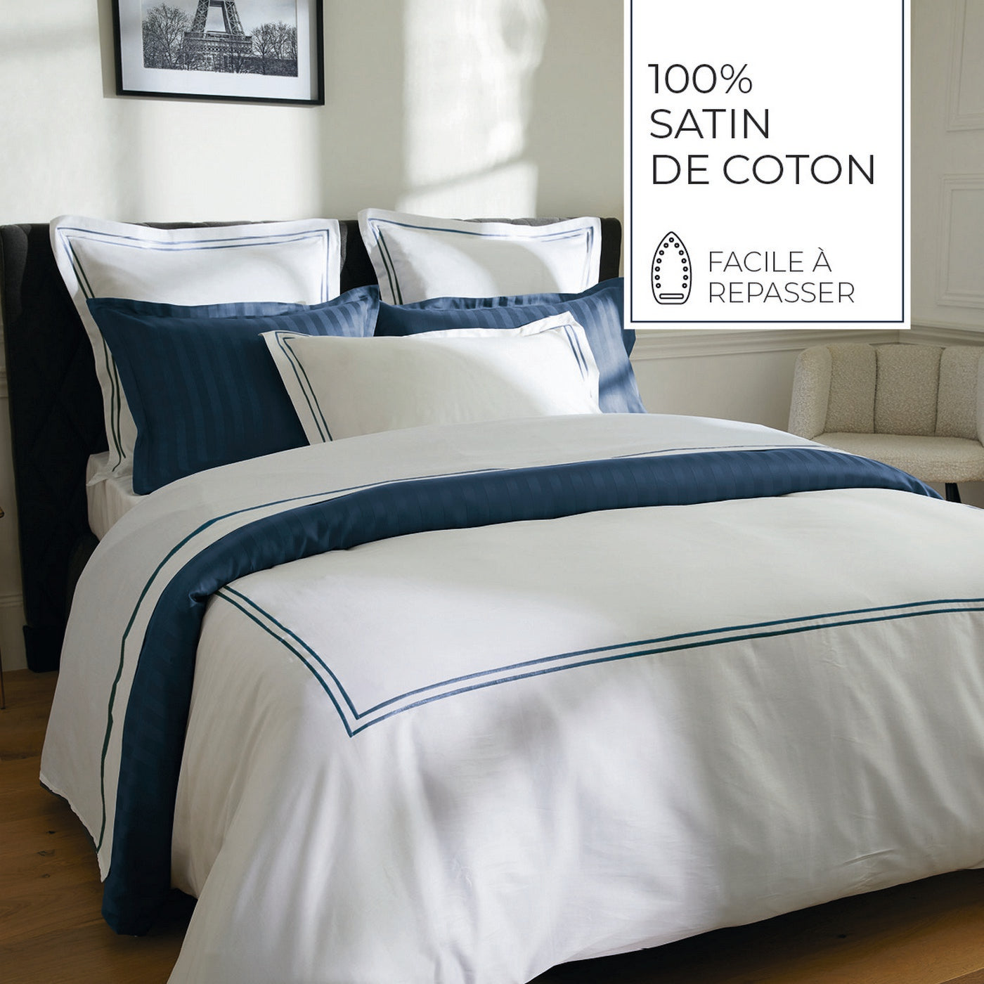 Biarritz - Drap Plat - Satin De Coton - Bleu Fonce / Blanc