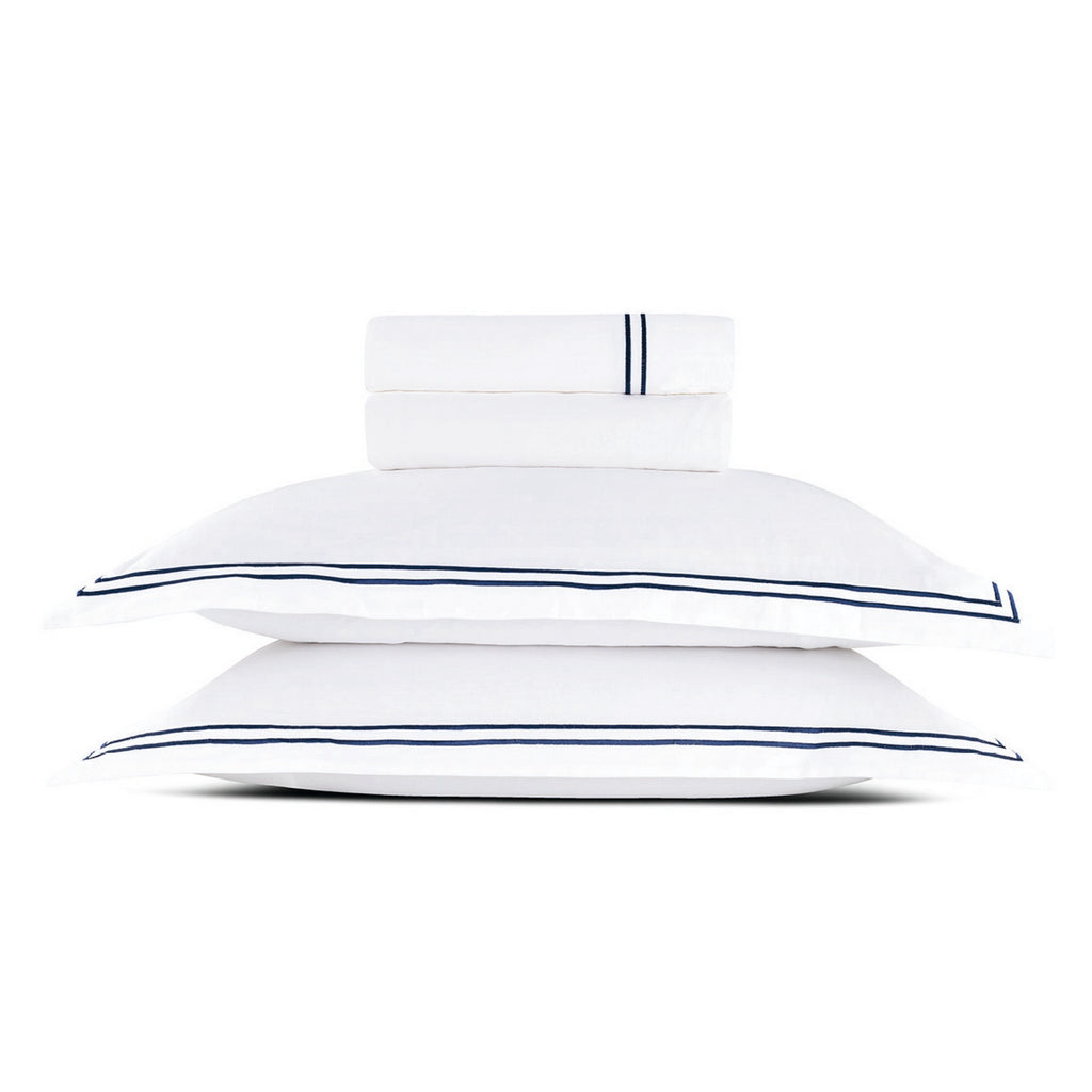 Biarritz - Ensemble De Draps - Satin De Coton - Bleu Fonce / Blanc