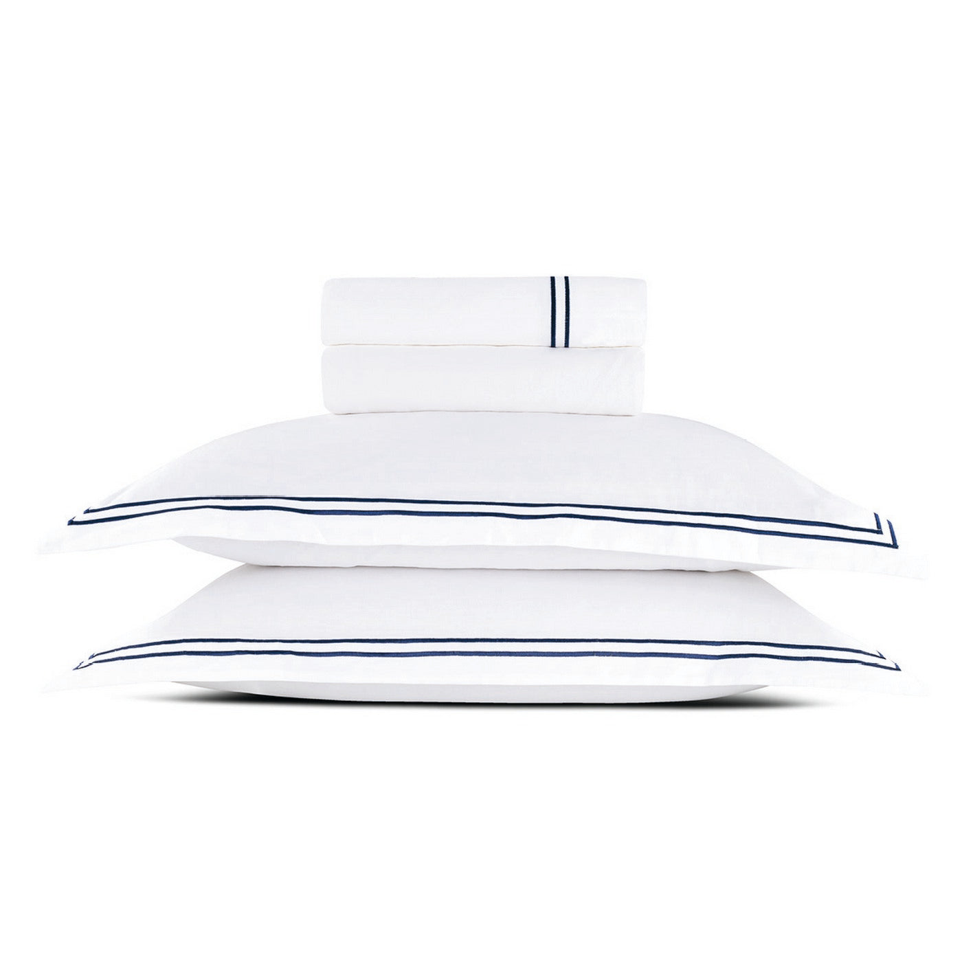 Biarritz - Ensemble De Draps - Satin De Coton - Bleu Fonce / Blanc