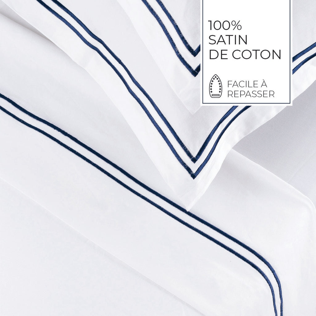 Biarritz - Ensemble De Draps - Satin De Coton - Bleu Fonce / Blanc
