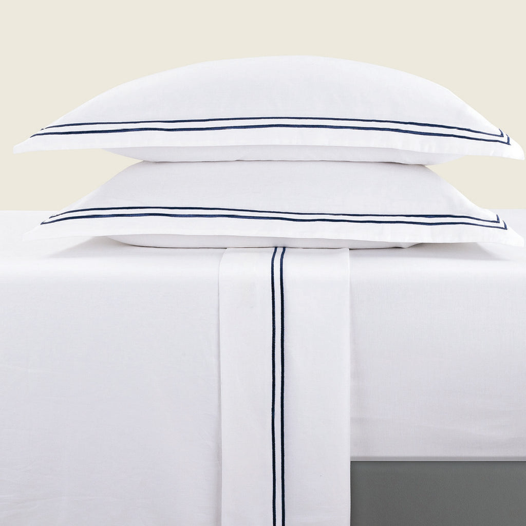 Biarritz - Ensemble De Draps - Satin De Coton - Bleu Fonce / Blanc