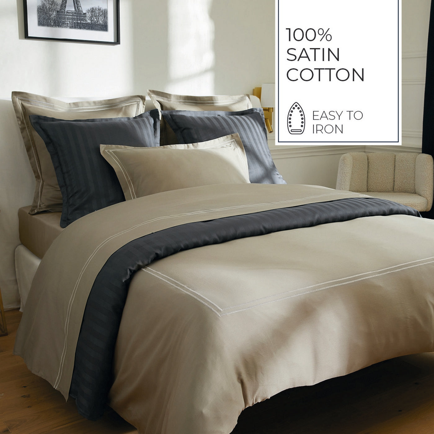 Biarritz - Housse De Couette + 1 Ou 2 Taie(S) D'Oreiller - Satin De Coton - Taupe / Taupe