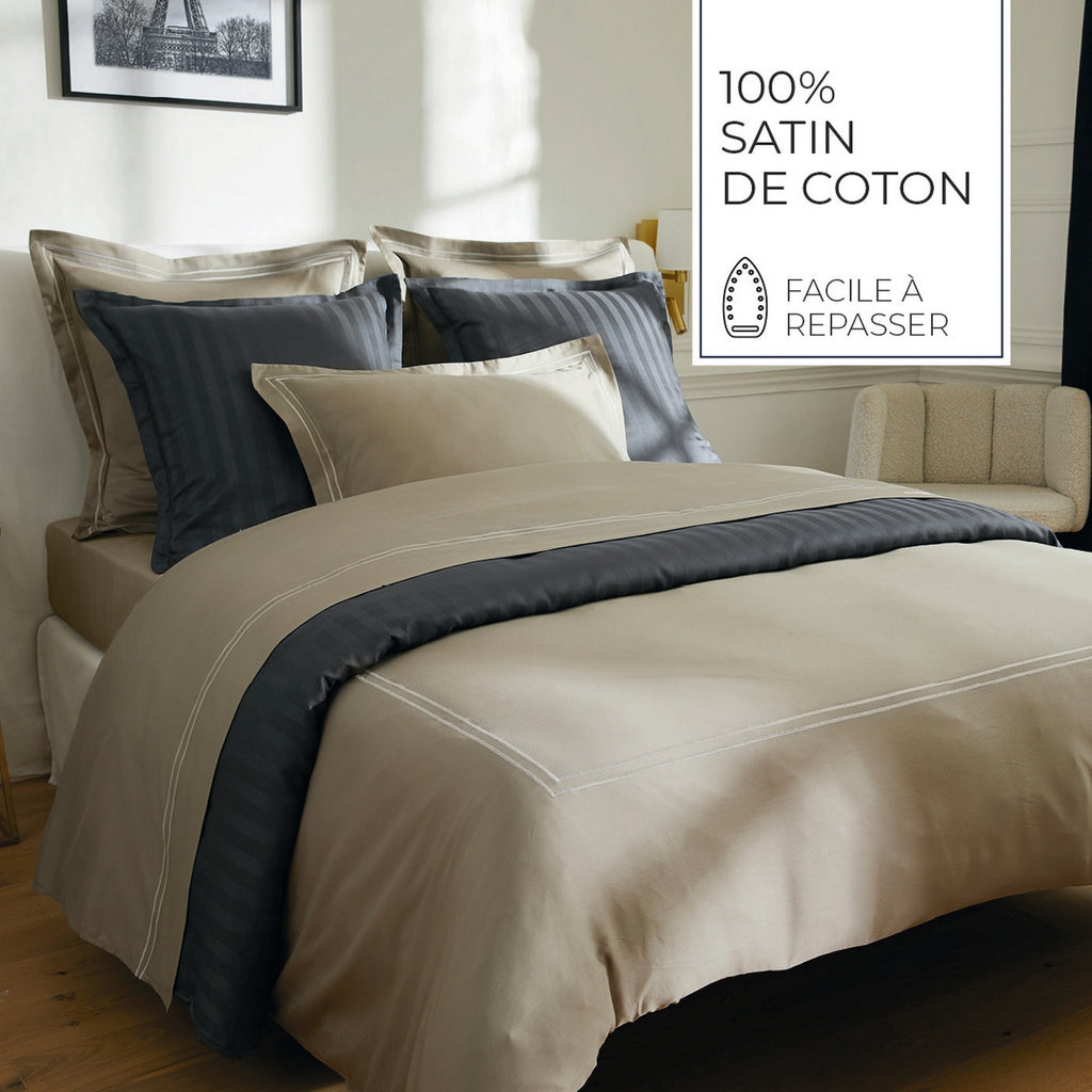 Biarritz - Housse De Couette + 1 Ou 2 Taie(S) D'Oreiller - Satin De Coton - Taupe / Taupe