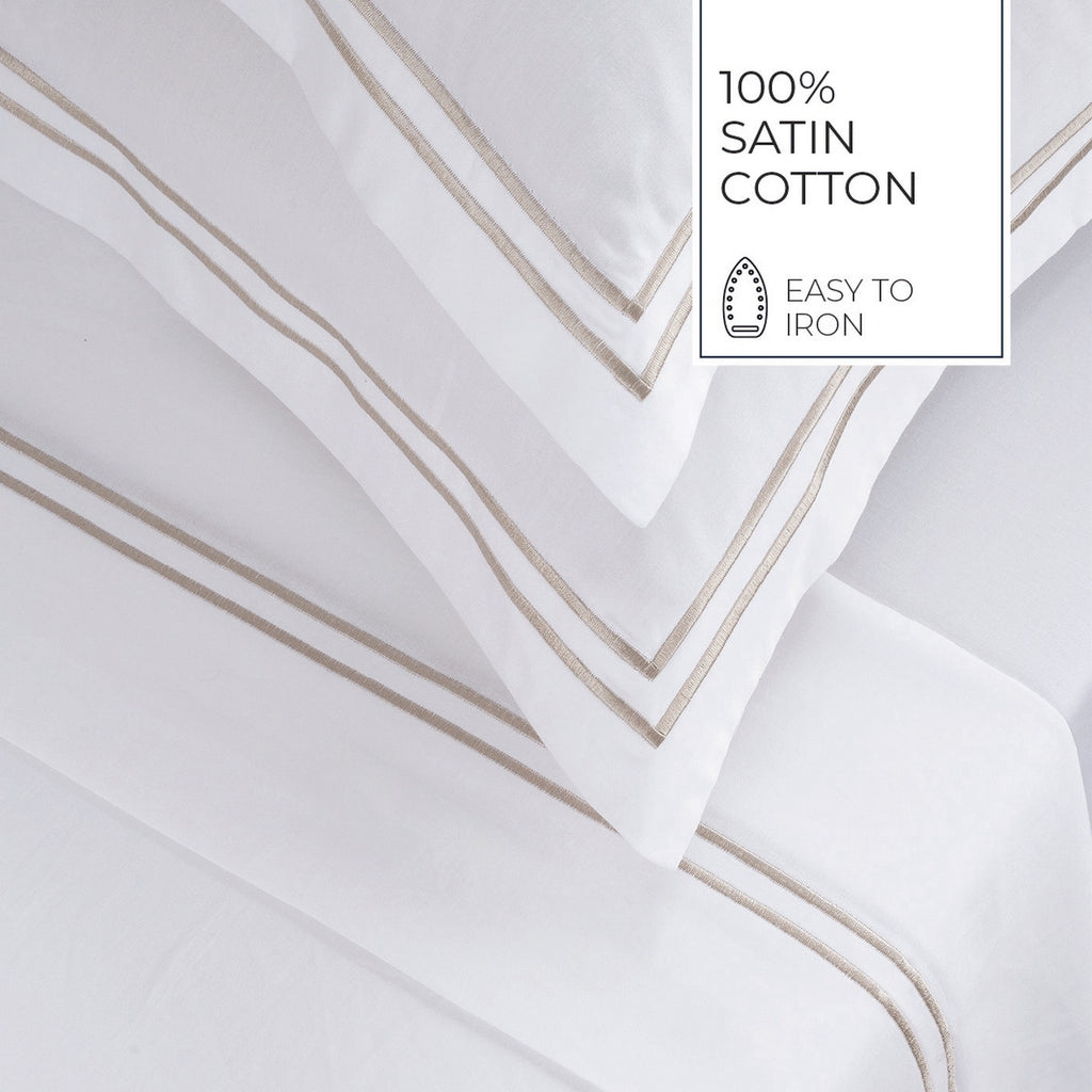 Biarritz - Ensemble De Draps - Satin De Coton - Taupe / Blanc