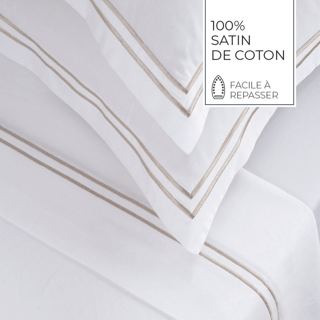 Biarritz - Ensemble De Draps - Satin De Coton - Taupe / Blanc