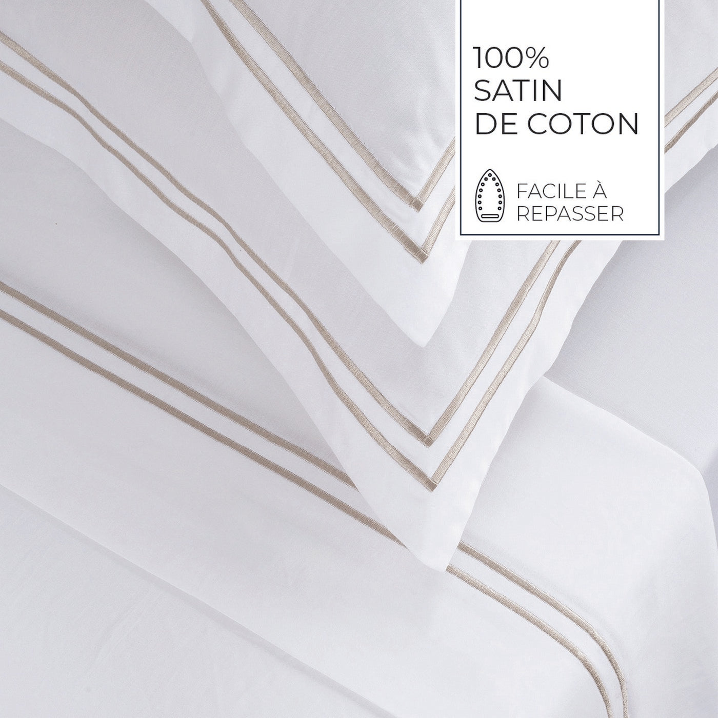 Biarritz - Ensemble De Draps - Satin De Coton - Taupe / Blanc