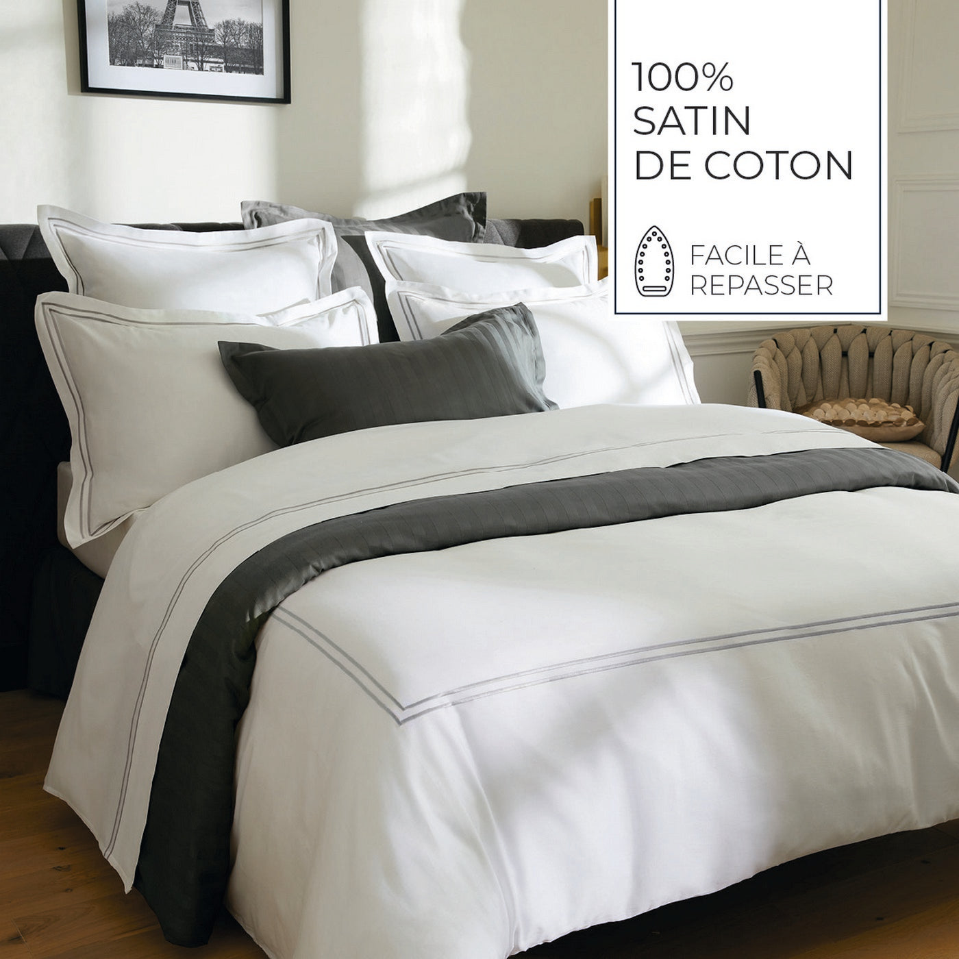Biarritz - Set De 2 Taies D'Oreiller - Satin De Coton - Grey / Blanc