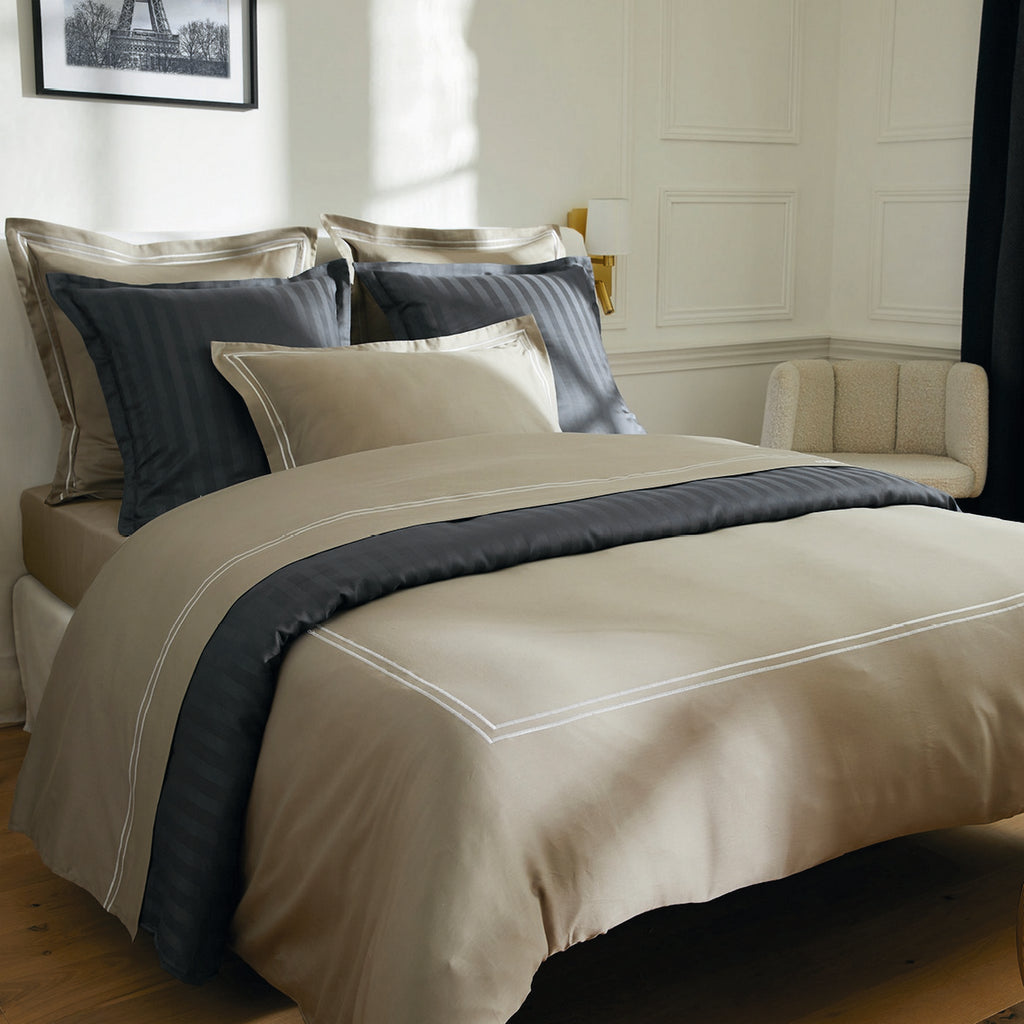 Biarritz - Set De 2 Taies D'Oreiller - Satin De Coton - Blanc / Taupe